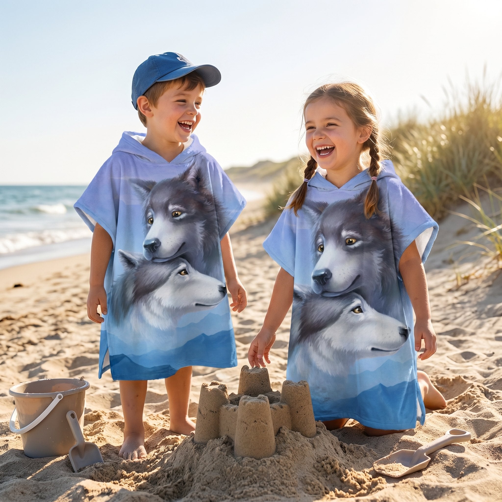 Poncho serviette a capuche motif loups, porté par deux enfants souriants jouant sur la plage avec un château de sable.