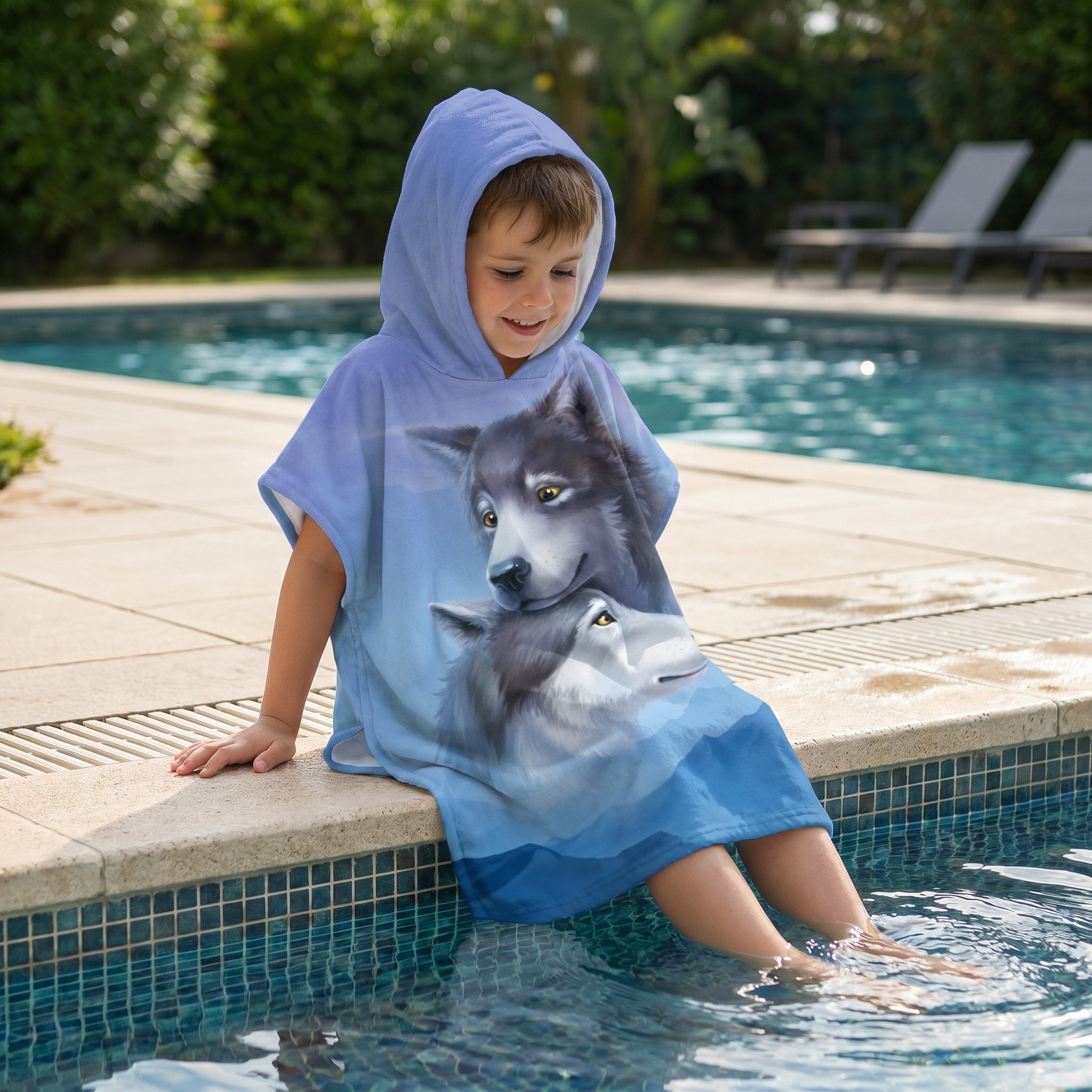 Poncho serviette a capuche motif loups, porté par un enfant assis au bord d'une piscine, les pieds dans l'eau.
