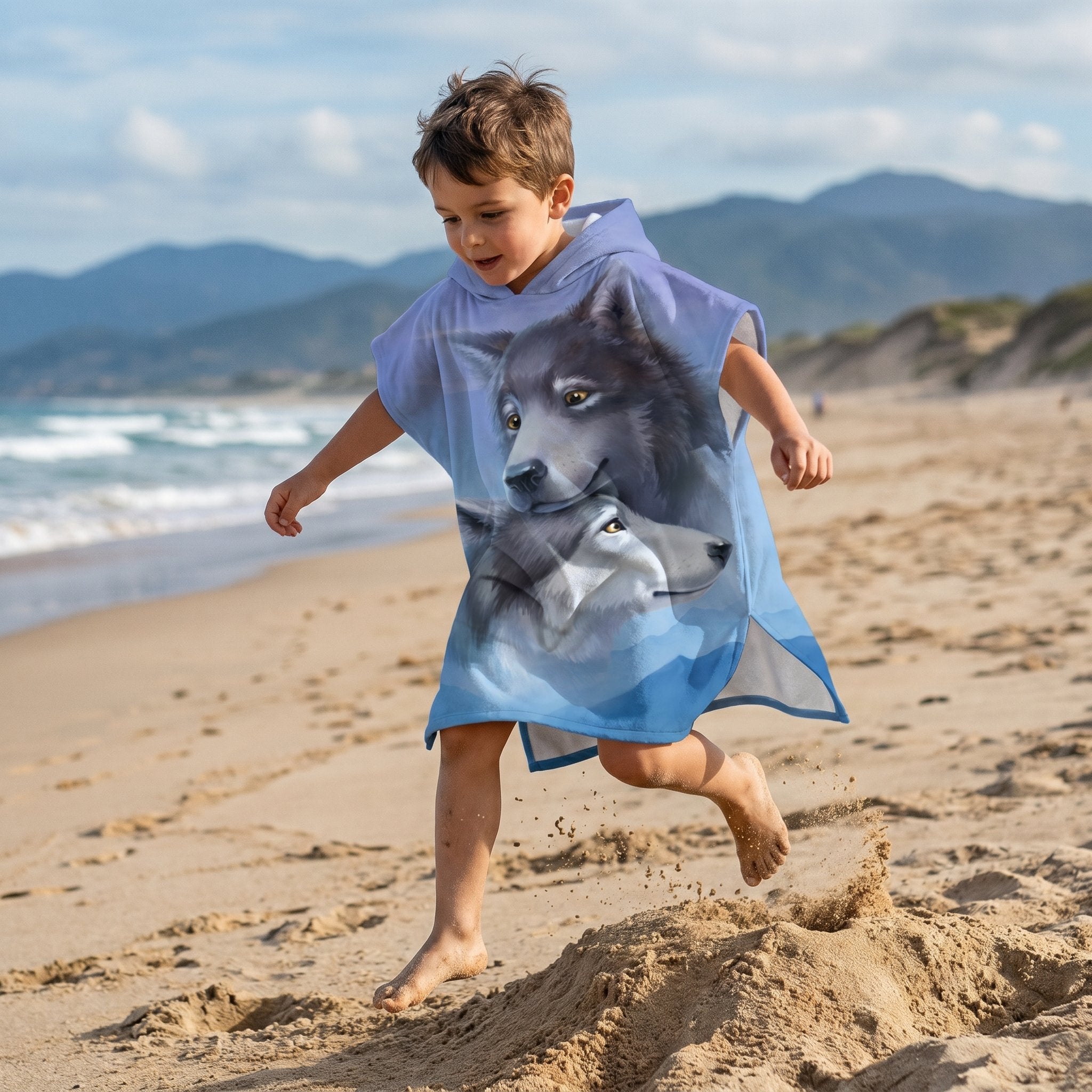 Poncho serviette a capuche motif loups, porté par un enfant en mouvement, courant et sautant sur le sable de la plage.
