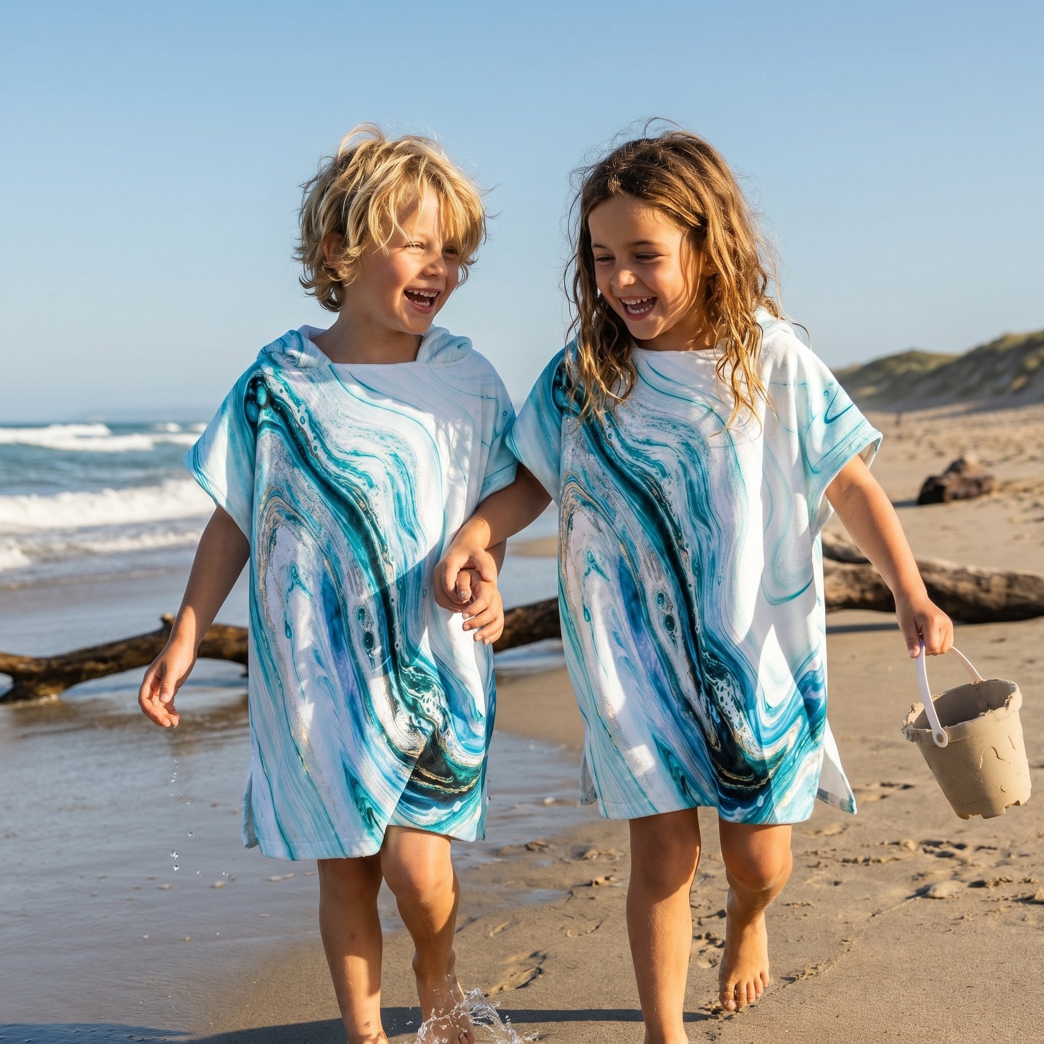 Poncho serviette a capuche motif marbre bleu ciel, porté par deux enfants rieurs se tenant la main sur le rivage.
