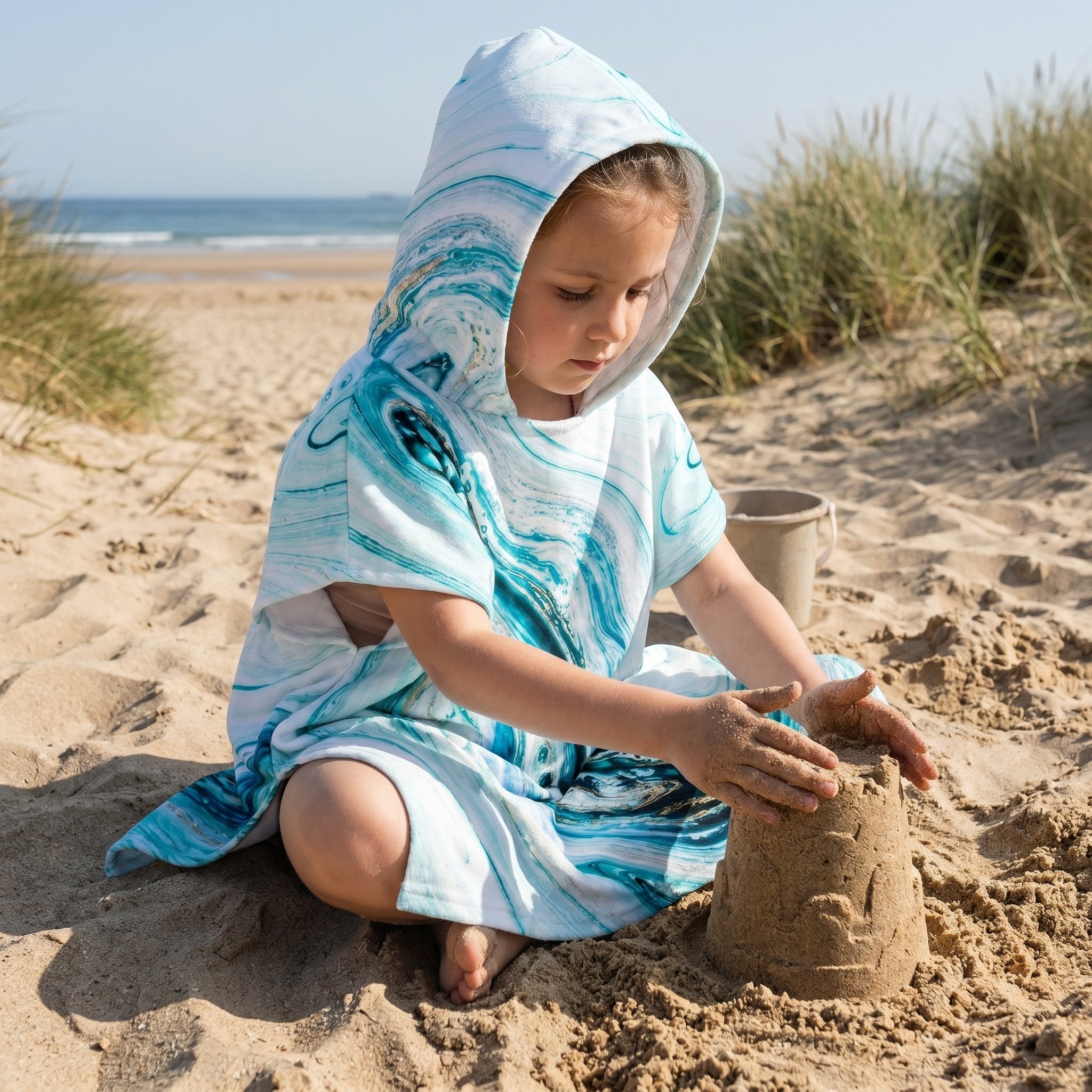 Poncho serviette a capuche motif marbre bleu ciel, porté par une enfant assise sur le sable, construisant un château.