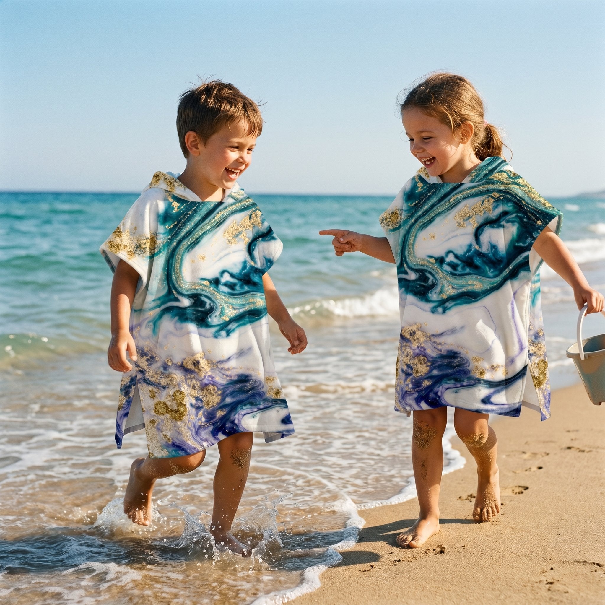 Poncho serviette a capuche motif marbre nuit dorée, porte par deux enfants rieurs au bord de l'eau.