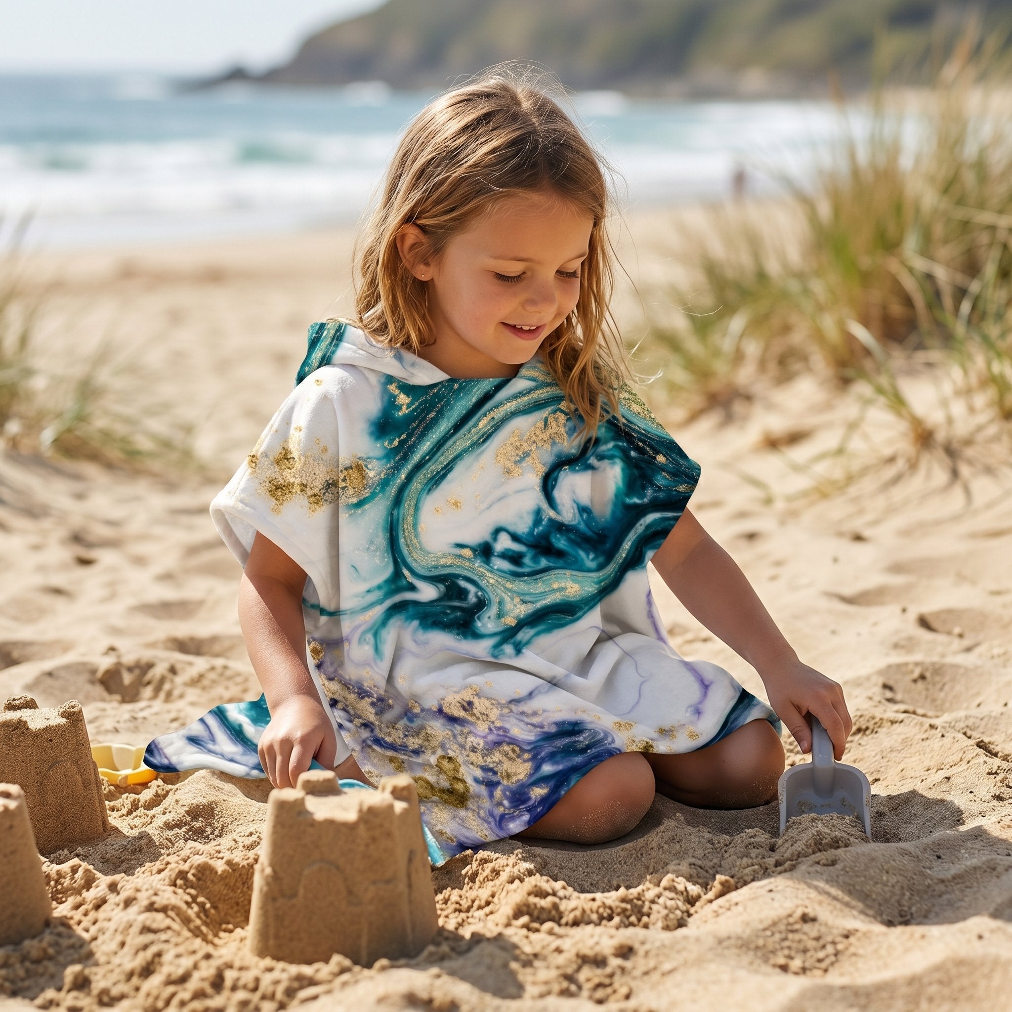 Poncho serviette a capuche motif marbre nuit dorée, porte par une fille jouant dans le sable.