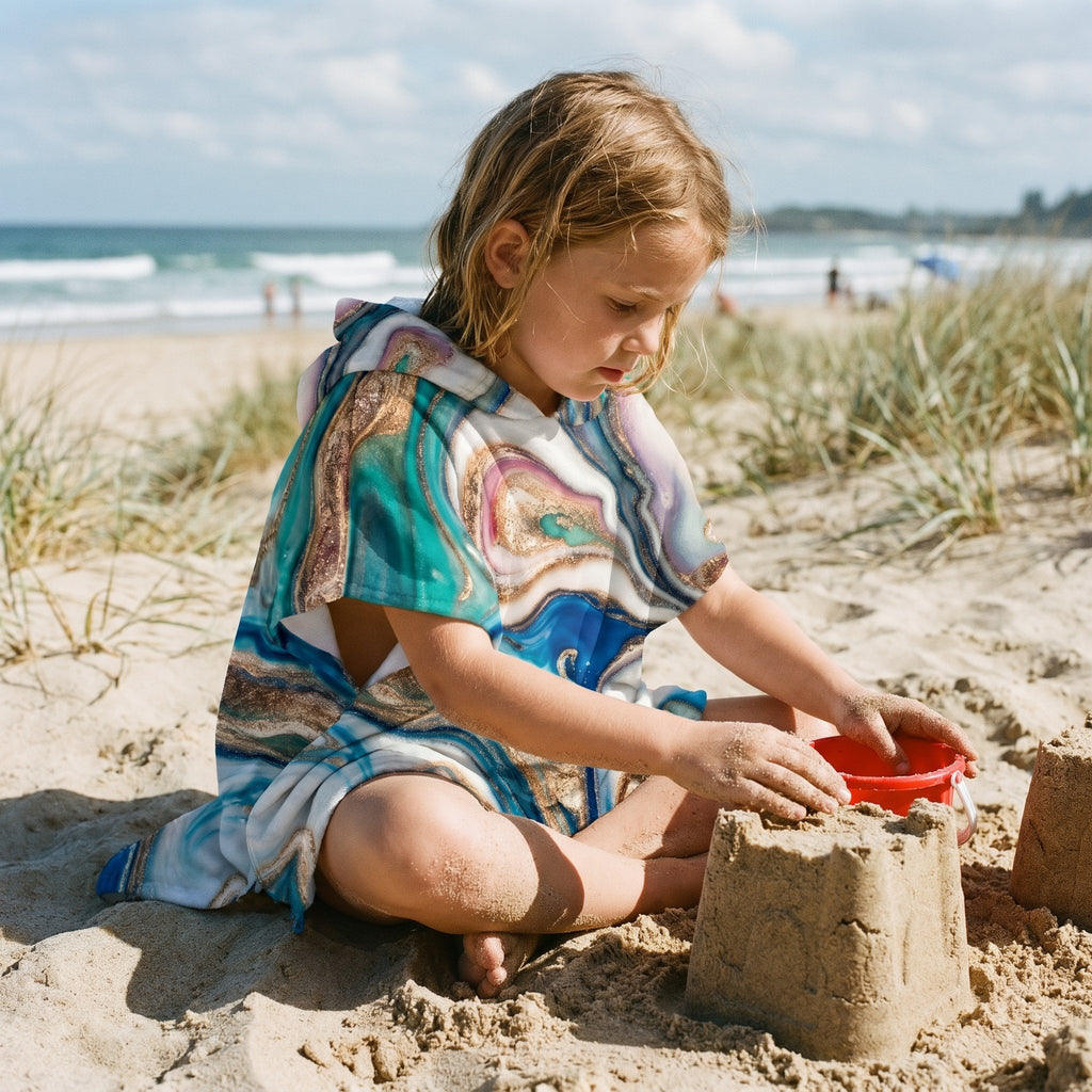 Poncho serviette a capuche motif marbre tourbillon cuivré, porté par une enfant assise sur le sable jouant.