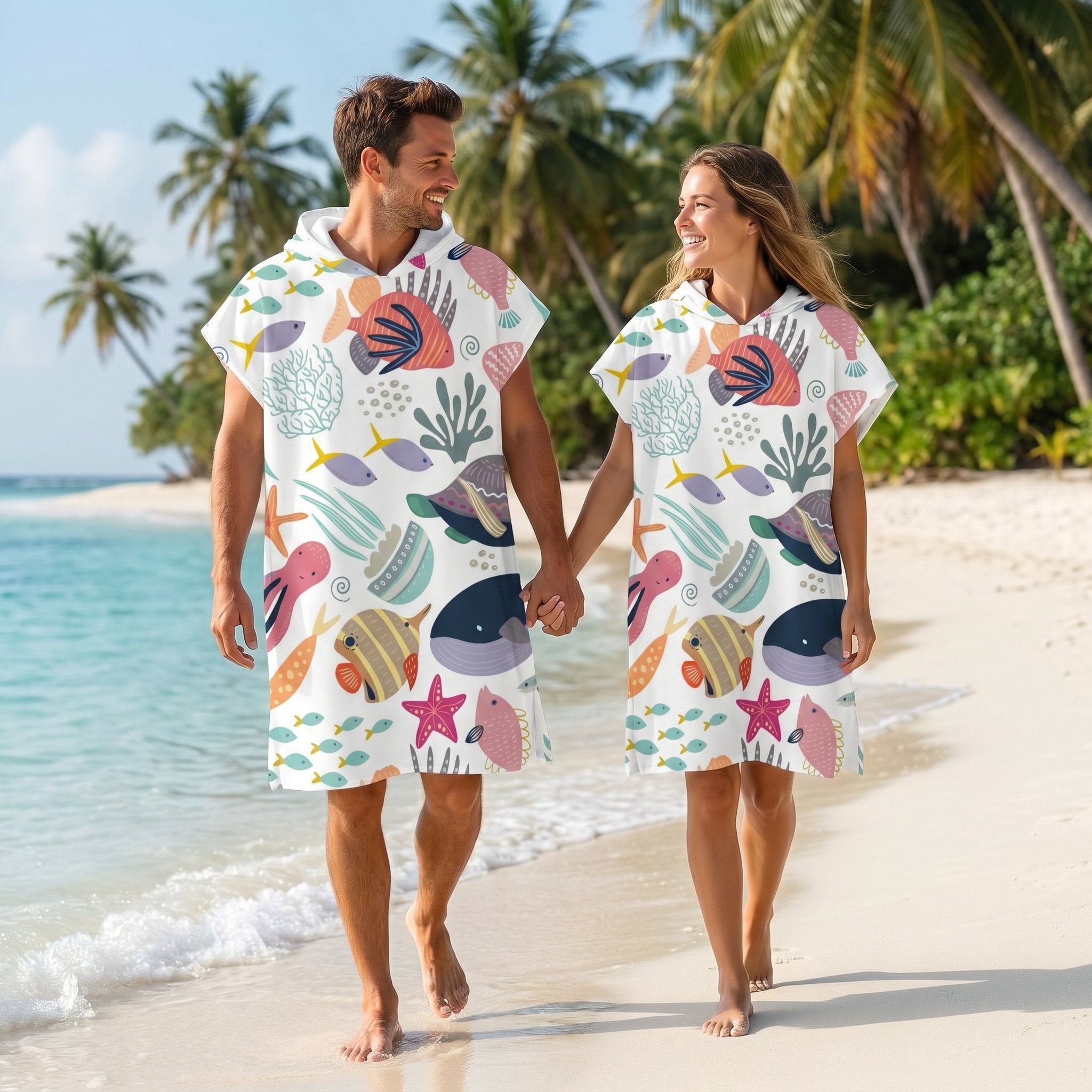 Poncho serviette a capuche motif Fonds marins colorés, porté par un couple marchant main dans la main sur la plage.