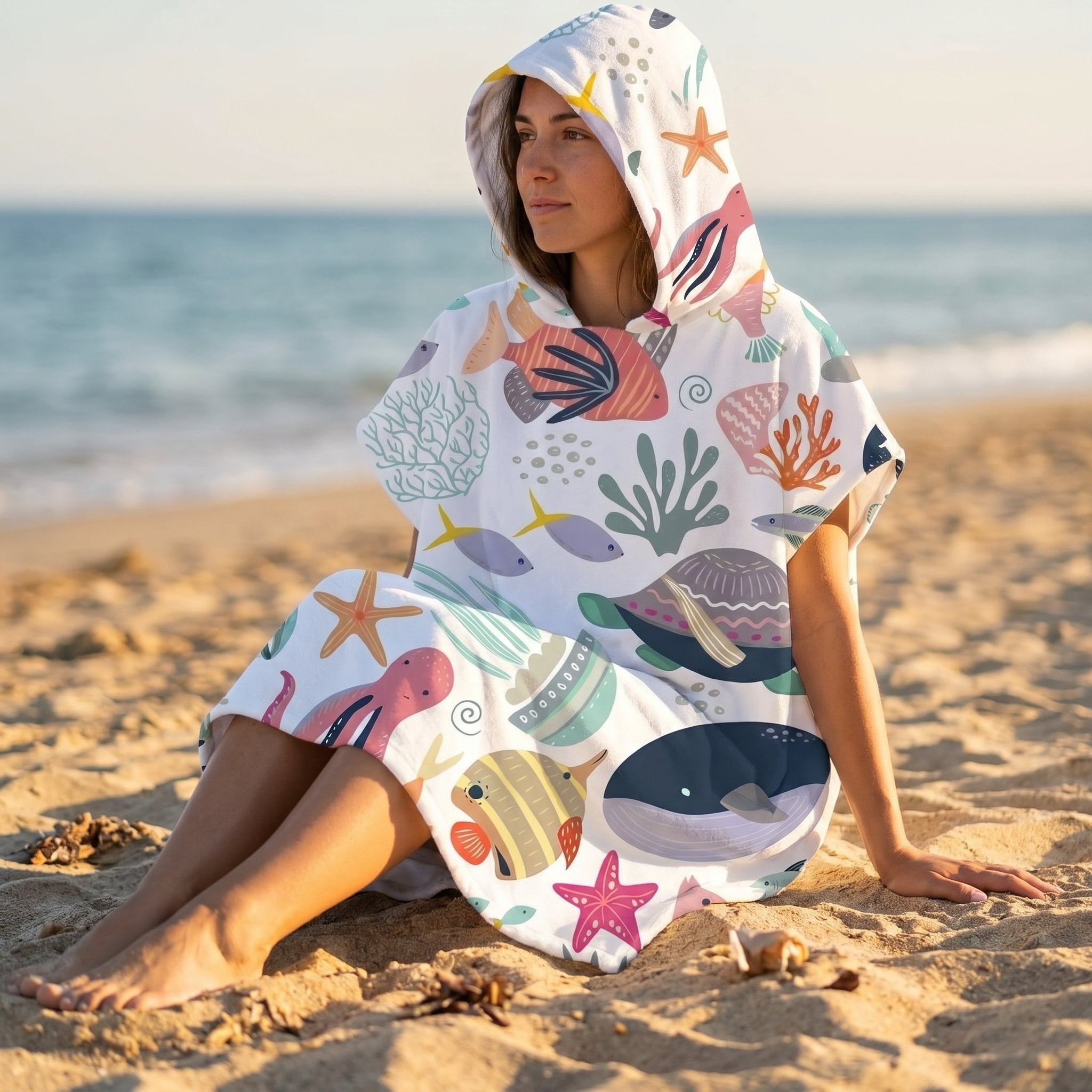 Poncho serviette a capuche motif Fonds marins colorés, porté par une femme assise de profil sur le sable.
