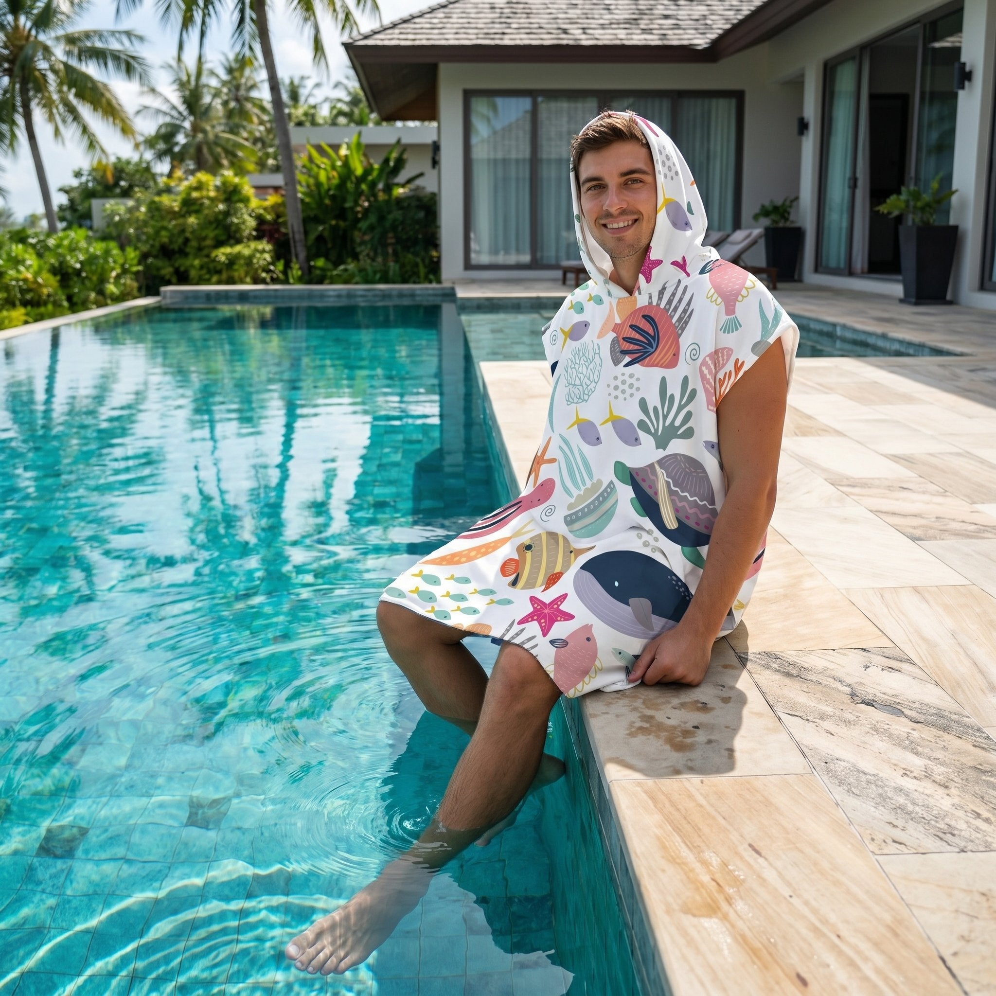 Poncho serviette a capuche motif Fonds marins colorés, porté par un homme assis au bord d'une piscine.
