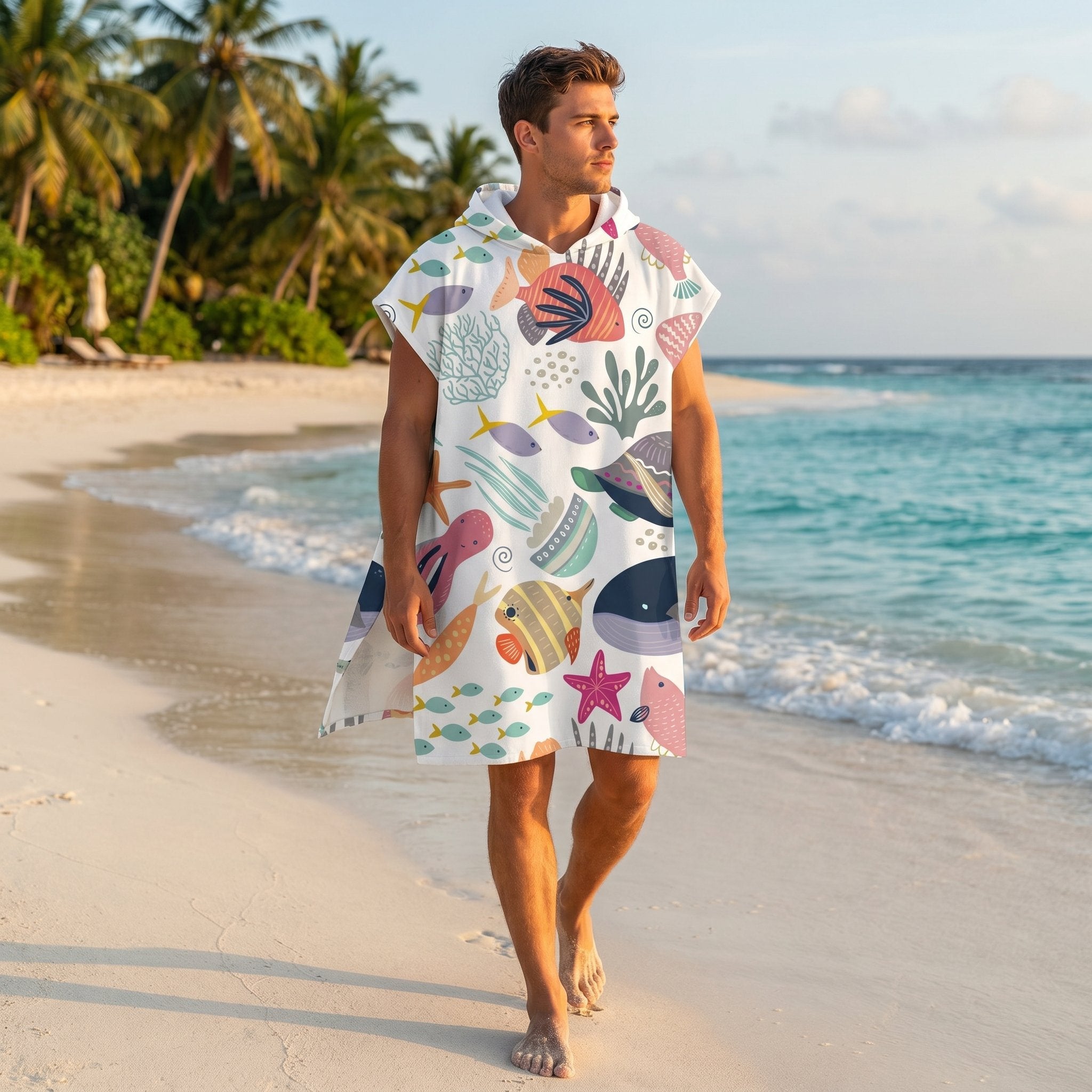 Poncho serviette a capuche motif Fonds marins colorés, porté par un homme marchant seul sur une plage de sable.