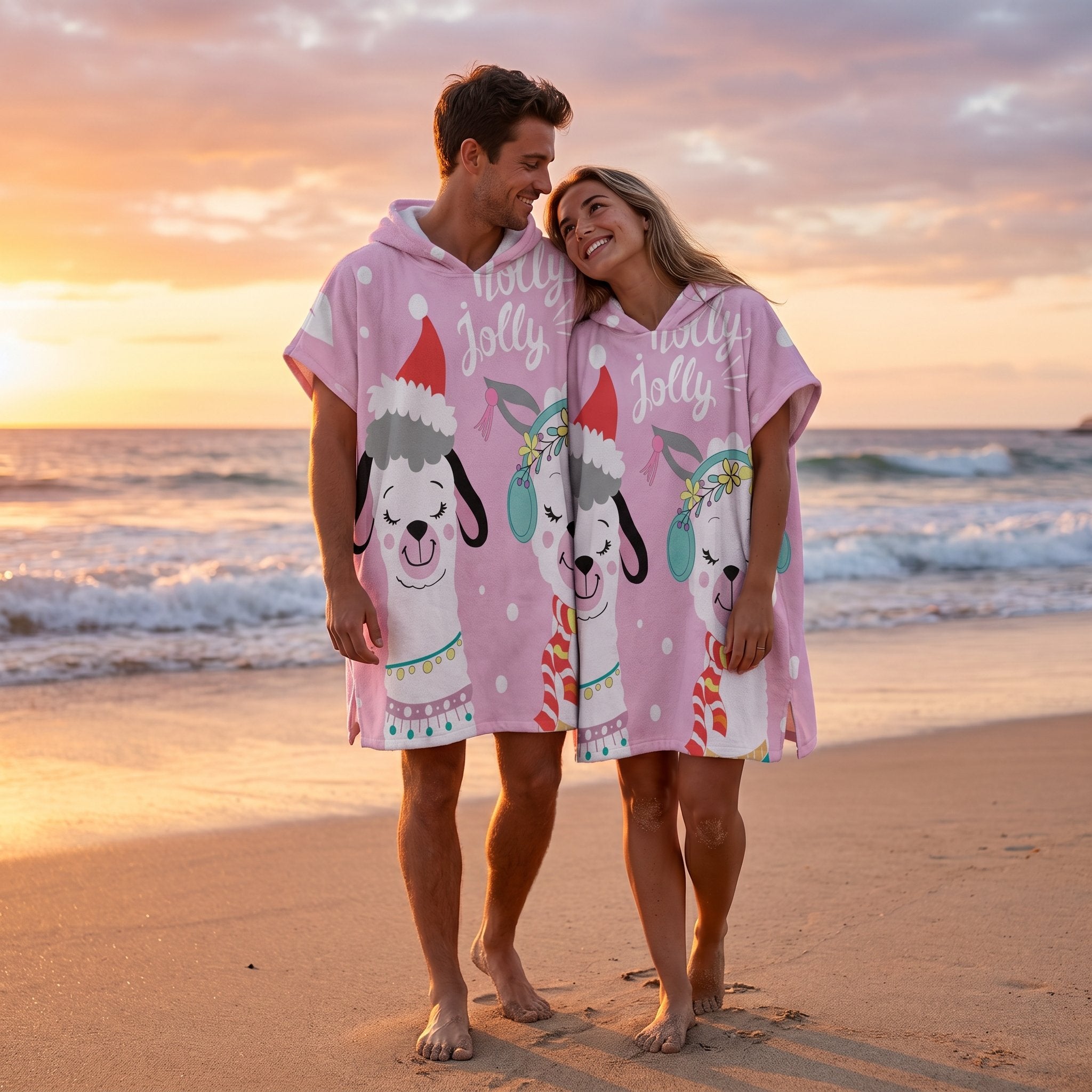 Poncho serviette à capuche motif lamas de Noël, porté par un couple souriant sur une plage au coucher du soleil.