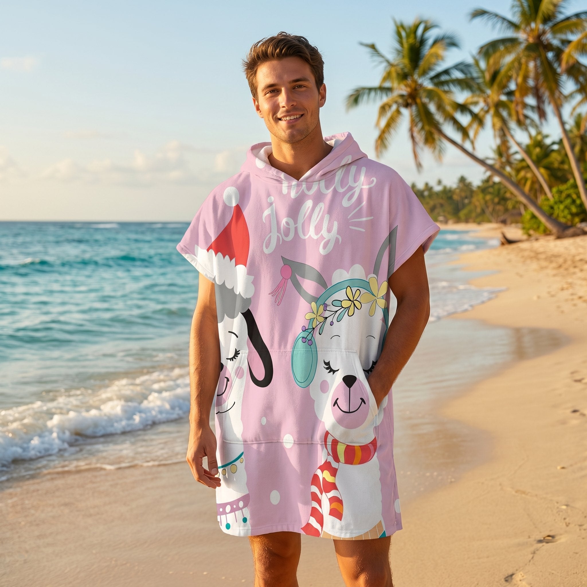 Poncho serviette à capuche motif lamas de Noël, porté par un homme souriant debout sur une plage ensoleillée.