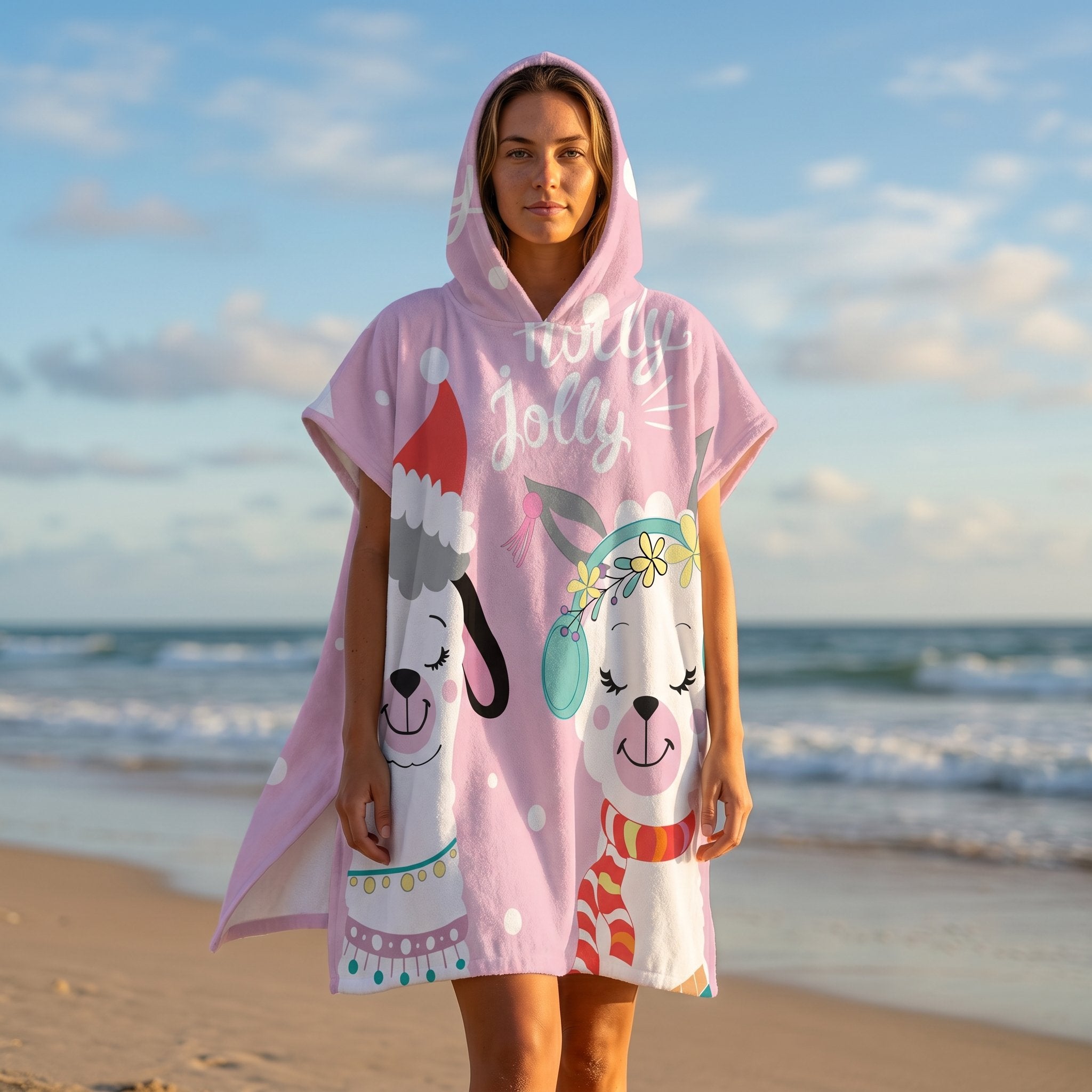 Poncho serviette à capuche motif lamas de Noël, porté par une femme debout sur une plage face à l'océan.
