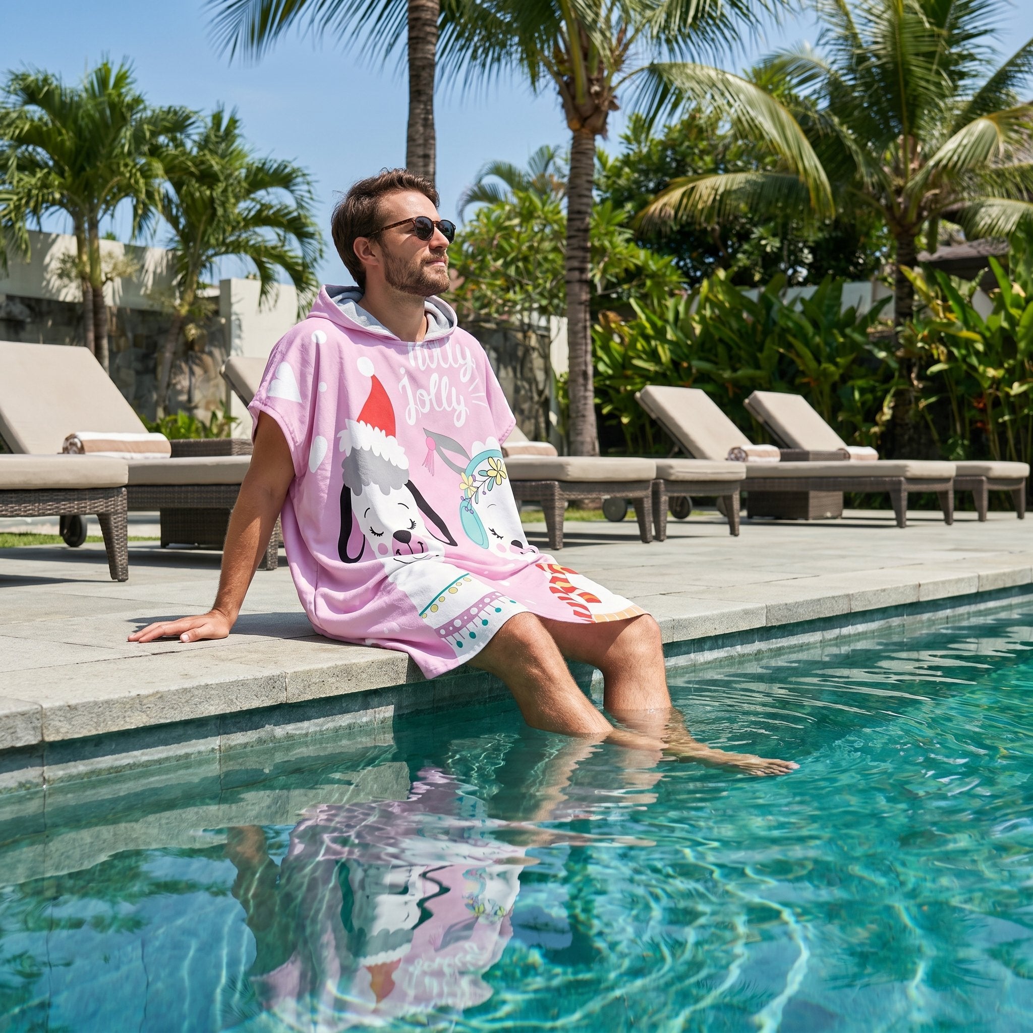 Poncho serviette à capuche motif lamas de Noël, porté par un homme assis au bord d'une piscine.