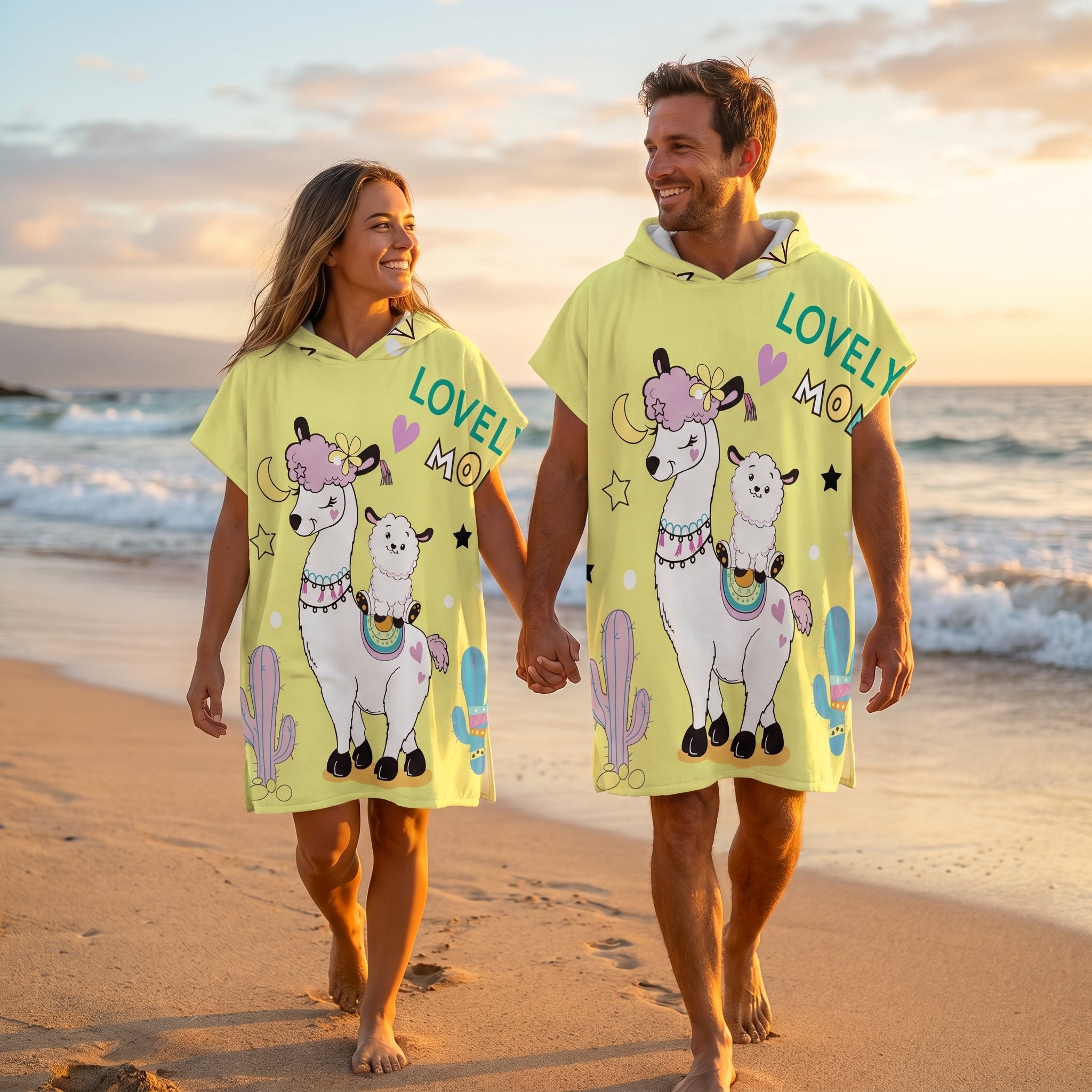 Poncho serviette à capuche motif lamas et cactus, porté par un couple marchant sur la plage au soleil couchant.