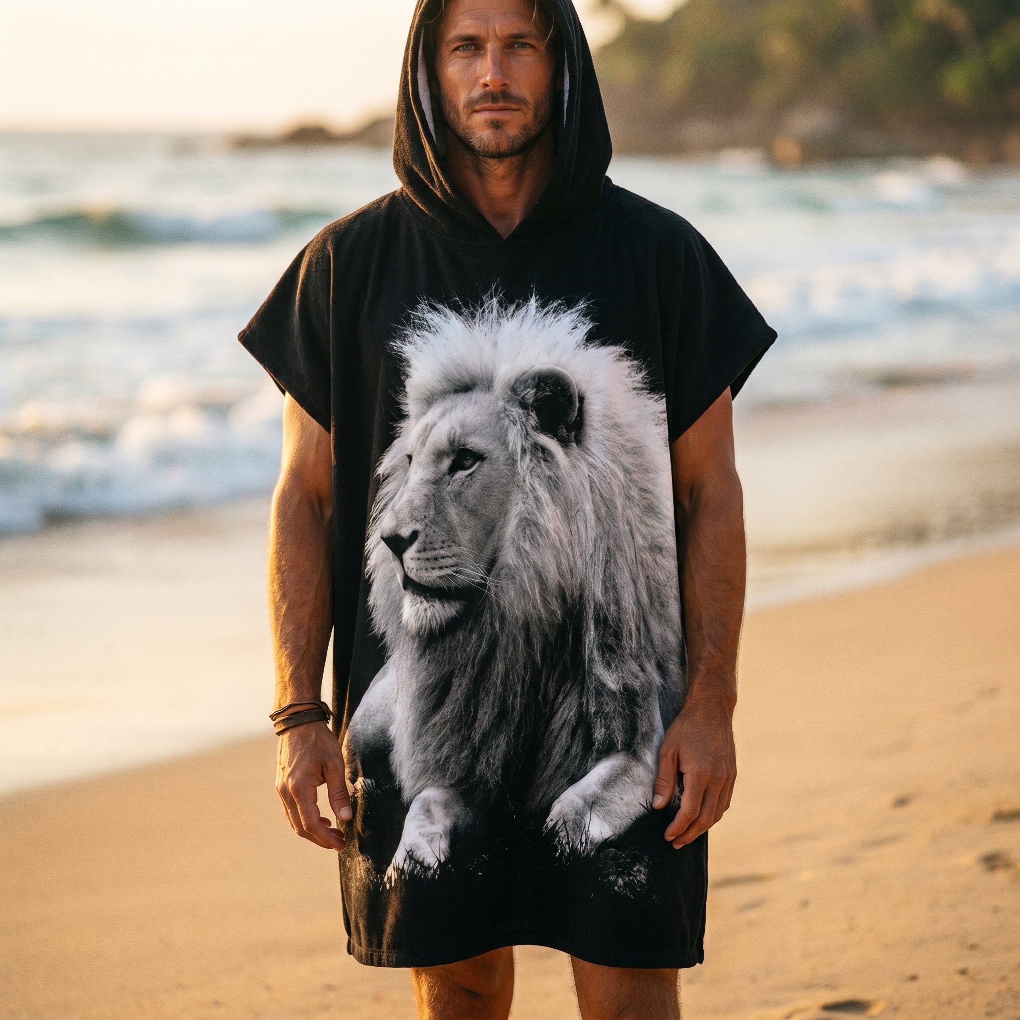 Poncho serviette à capuche motif lion noir et blanc, porté par un homme en plan large sur la plage.