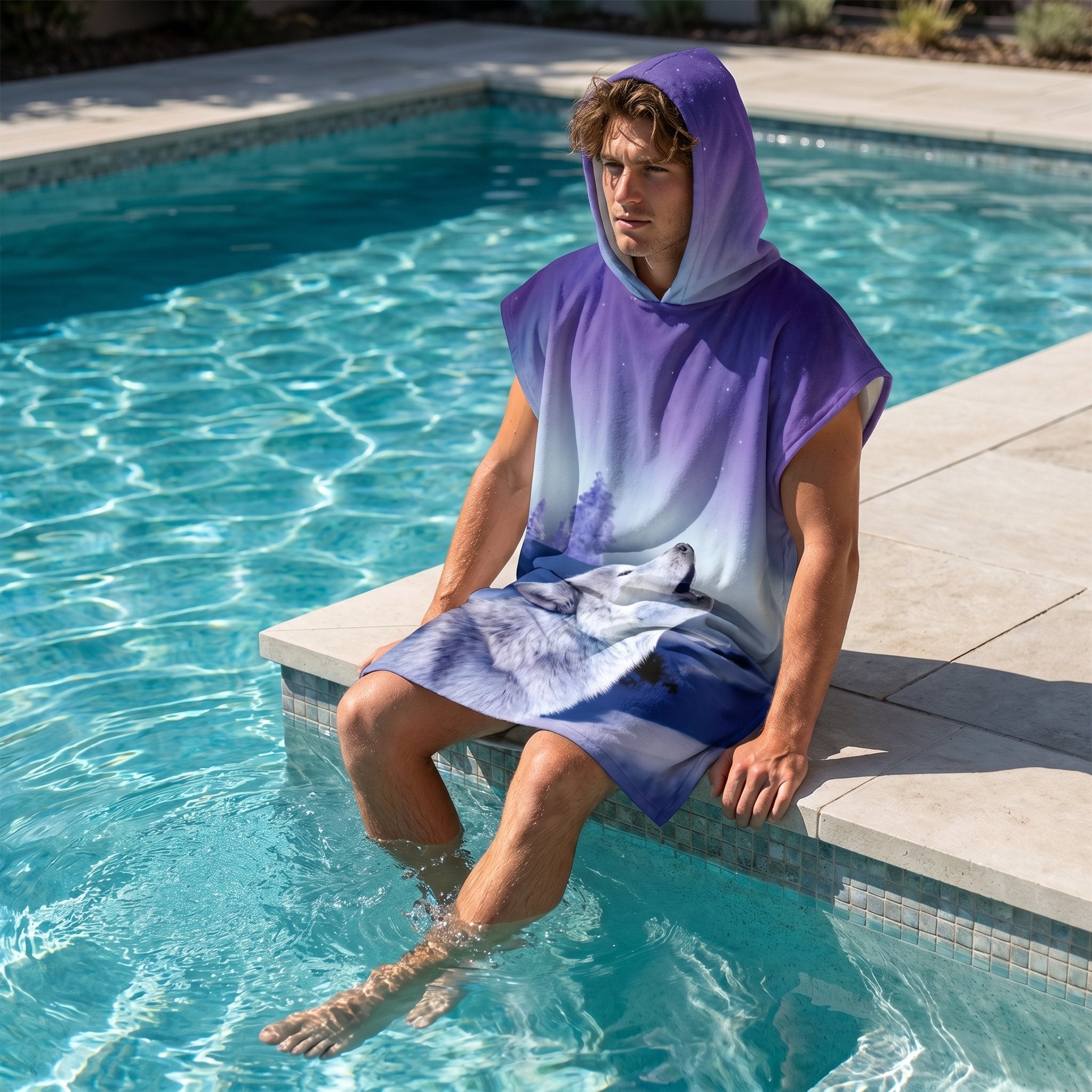 Poncho serviette a capuche motif loup aurore boreale, porte par un homme assis au bord d'une piscine.