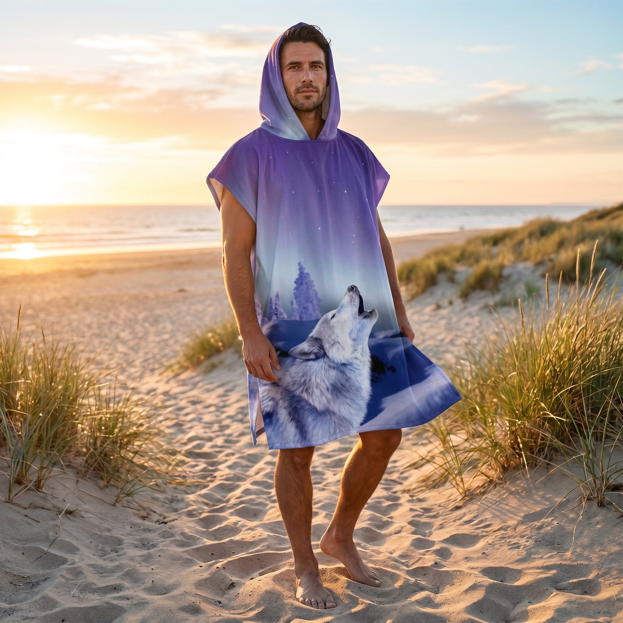Poncho serviette a capuche motif loup aurore boreale, porte par un homme debout sur le sable d'une plage.