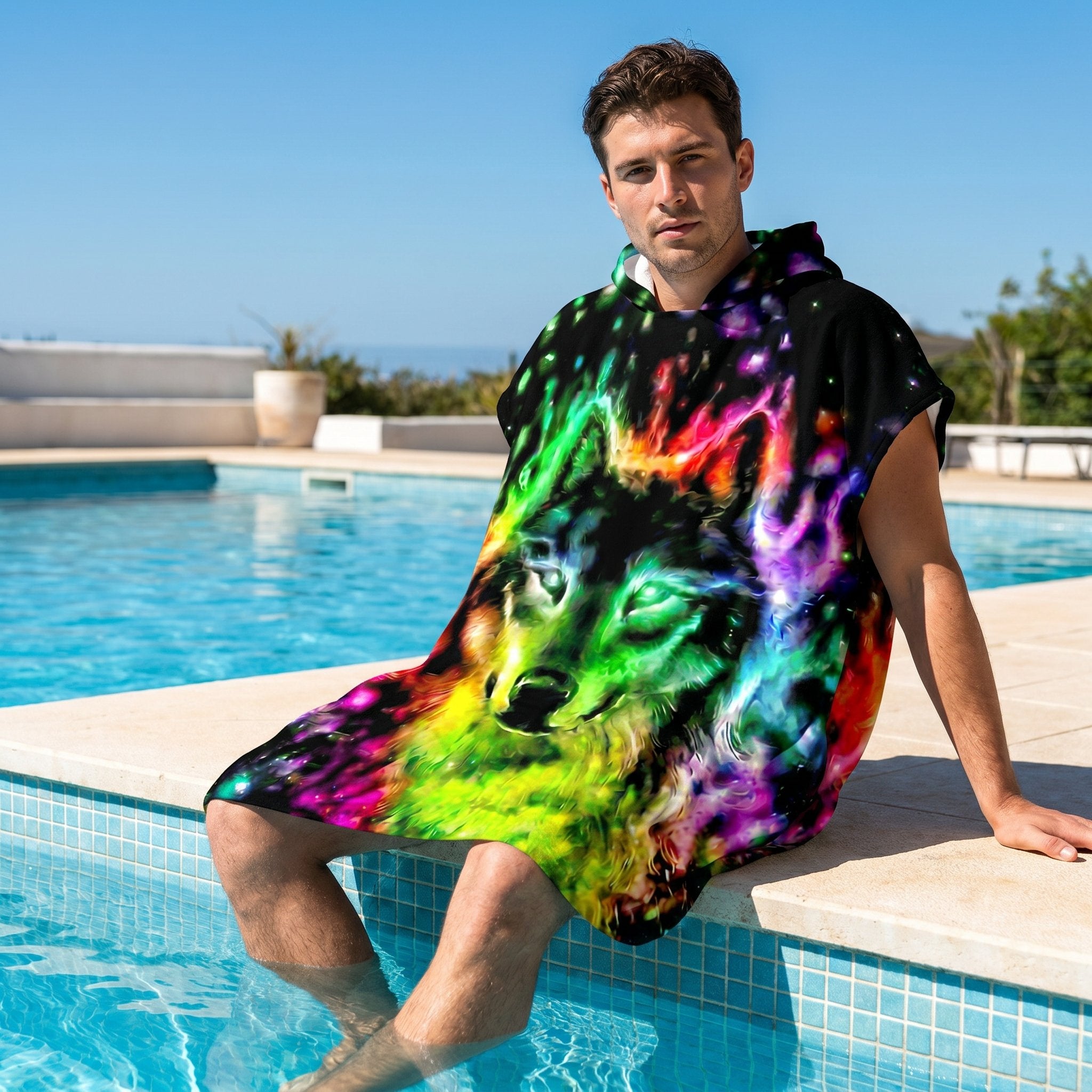 Poncho serviette à capuche motif Loup néon, porté par un homme assis au bord d'une piscine les pieds dans l'eau.