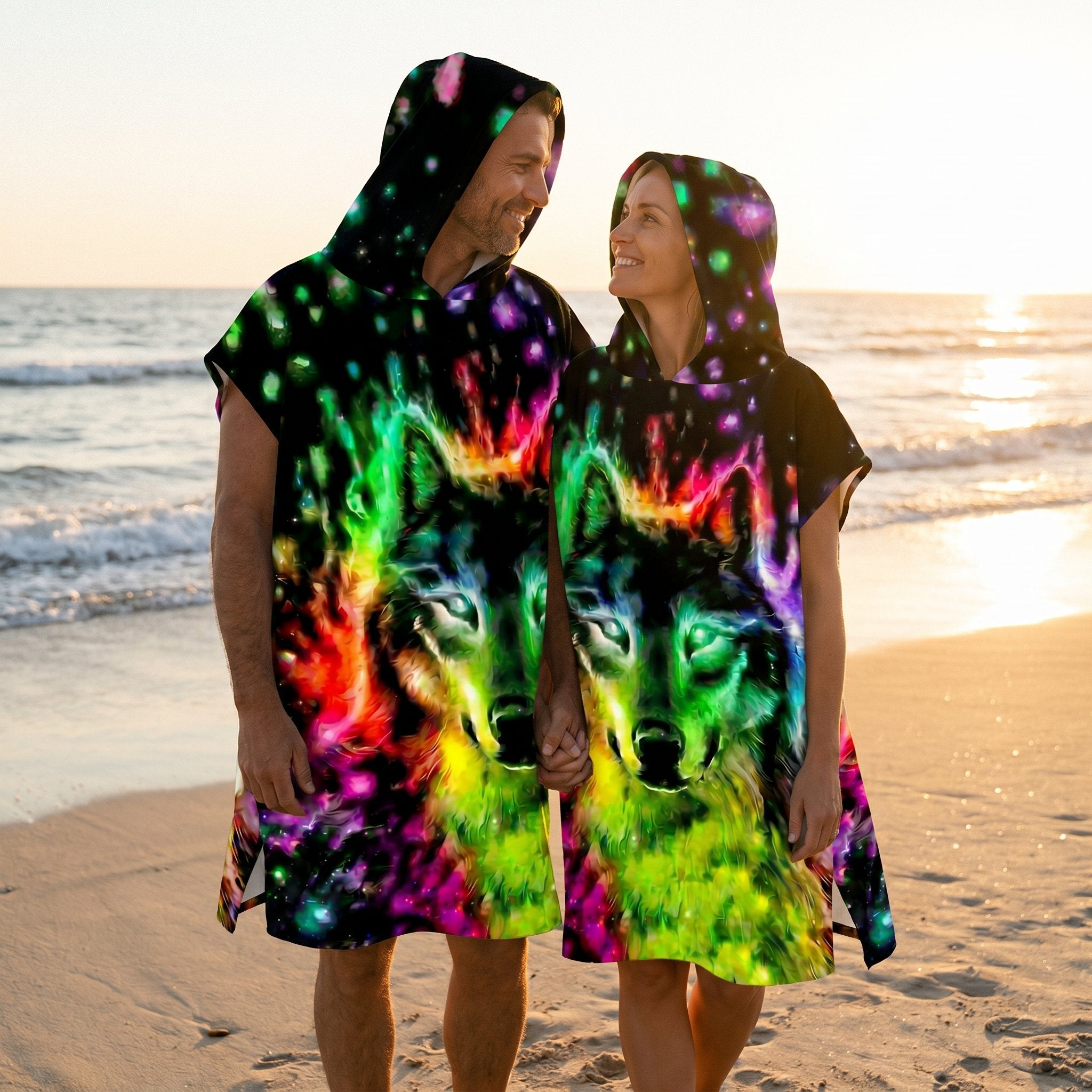 Poncho serviette à capuche motif Loup néon, porté par un couple souriant se tenant la main sur la plage.