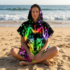 Poncho serviette à capuche motif Loup néon, porté par une femme assise en tailleur sur le sable face à l'océan.