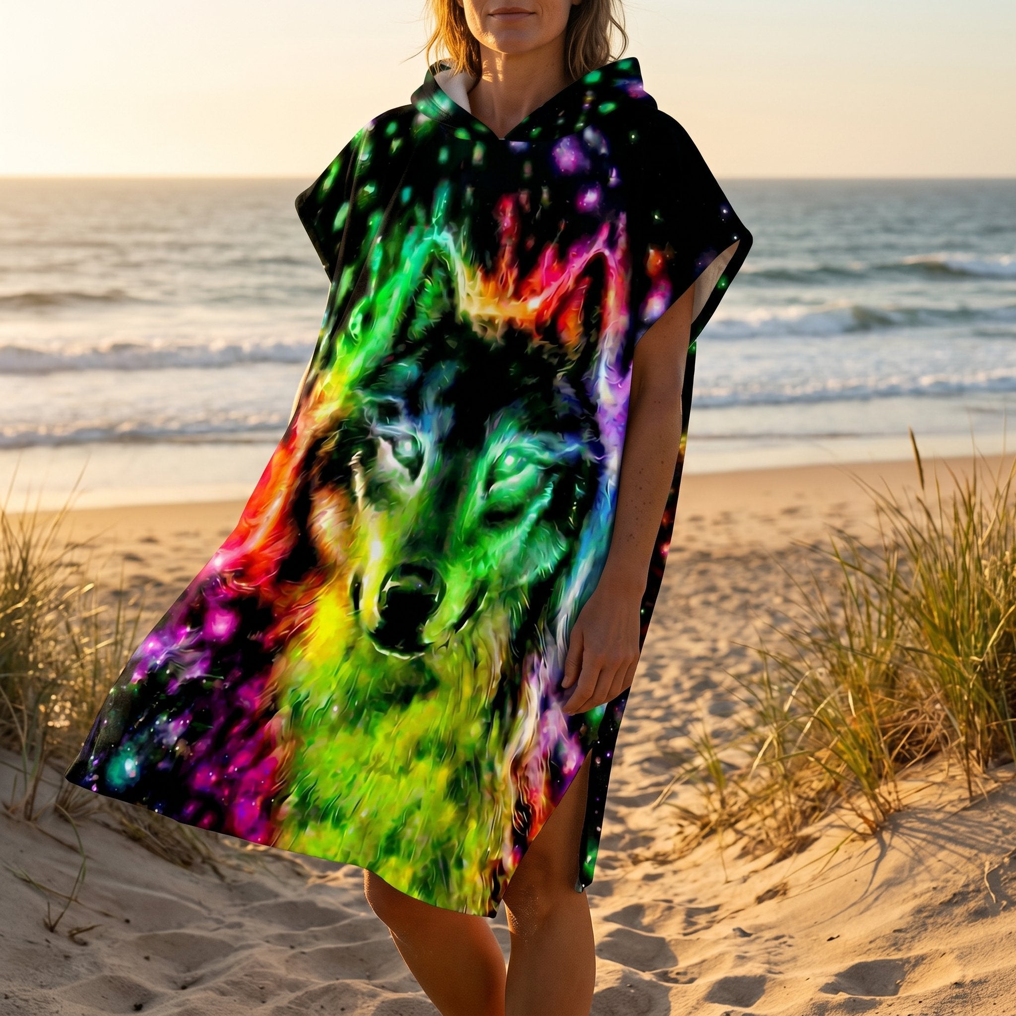 Poncho serviette à capuche motif Loup néon, porté par une femme marchant sur la plage, vue de profil.