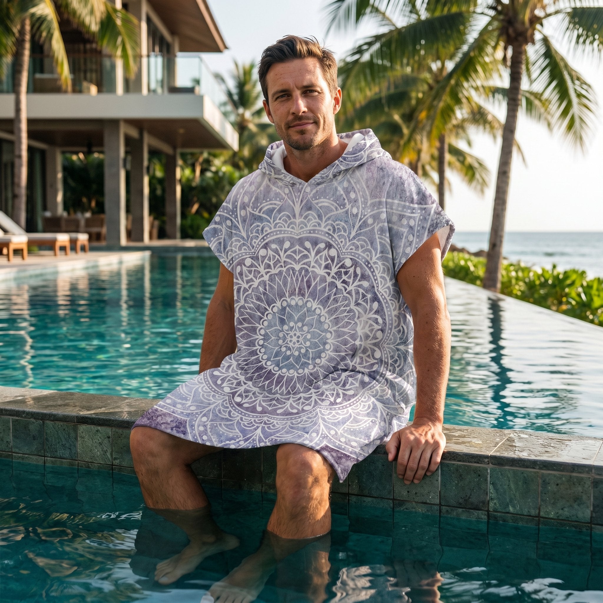 Poncho serviette à capuche motif mandala dentelle violet porté par un homme assis au bord d'une piscine.