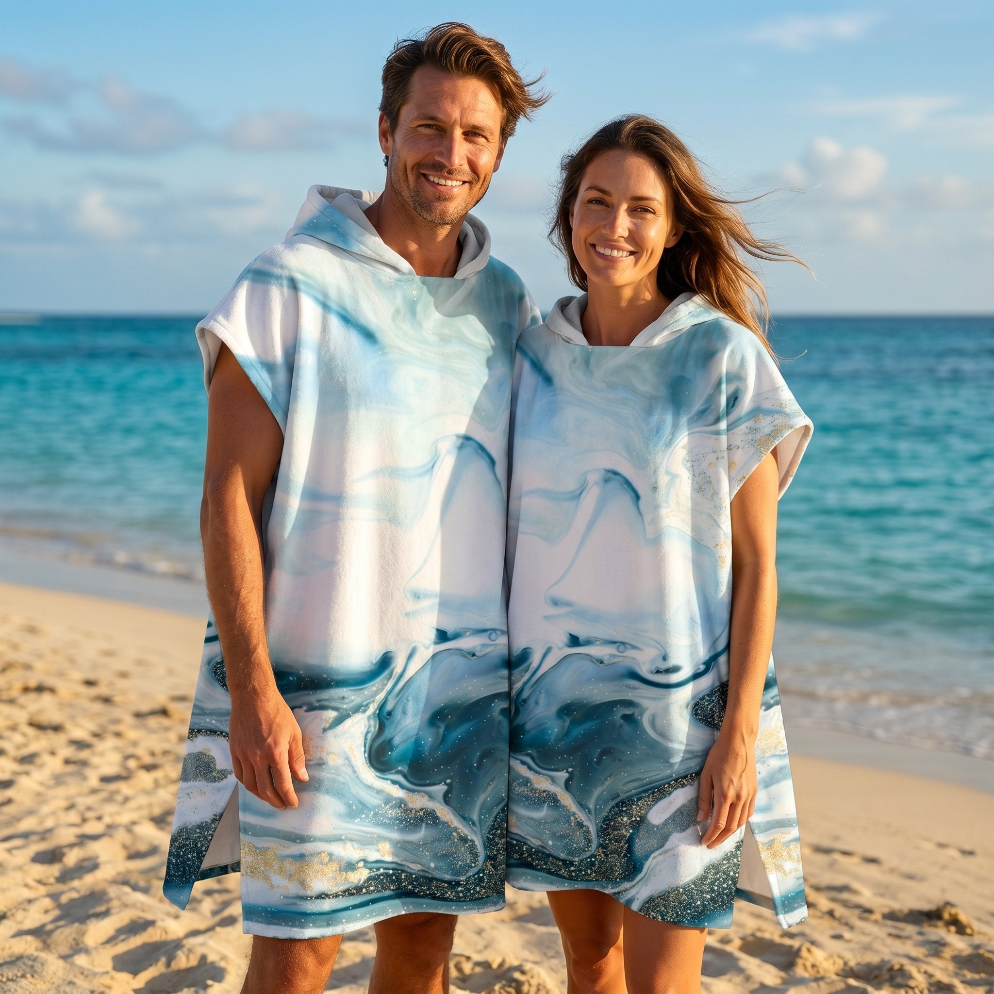 Poncho serviette a capuche motif marbre bleu givré, porté par un homme et une femme souriants sur une plage ensoleillée.