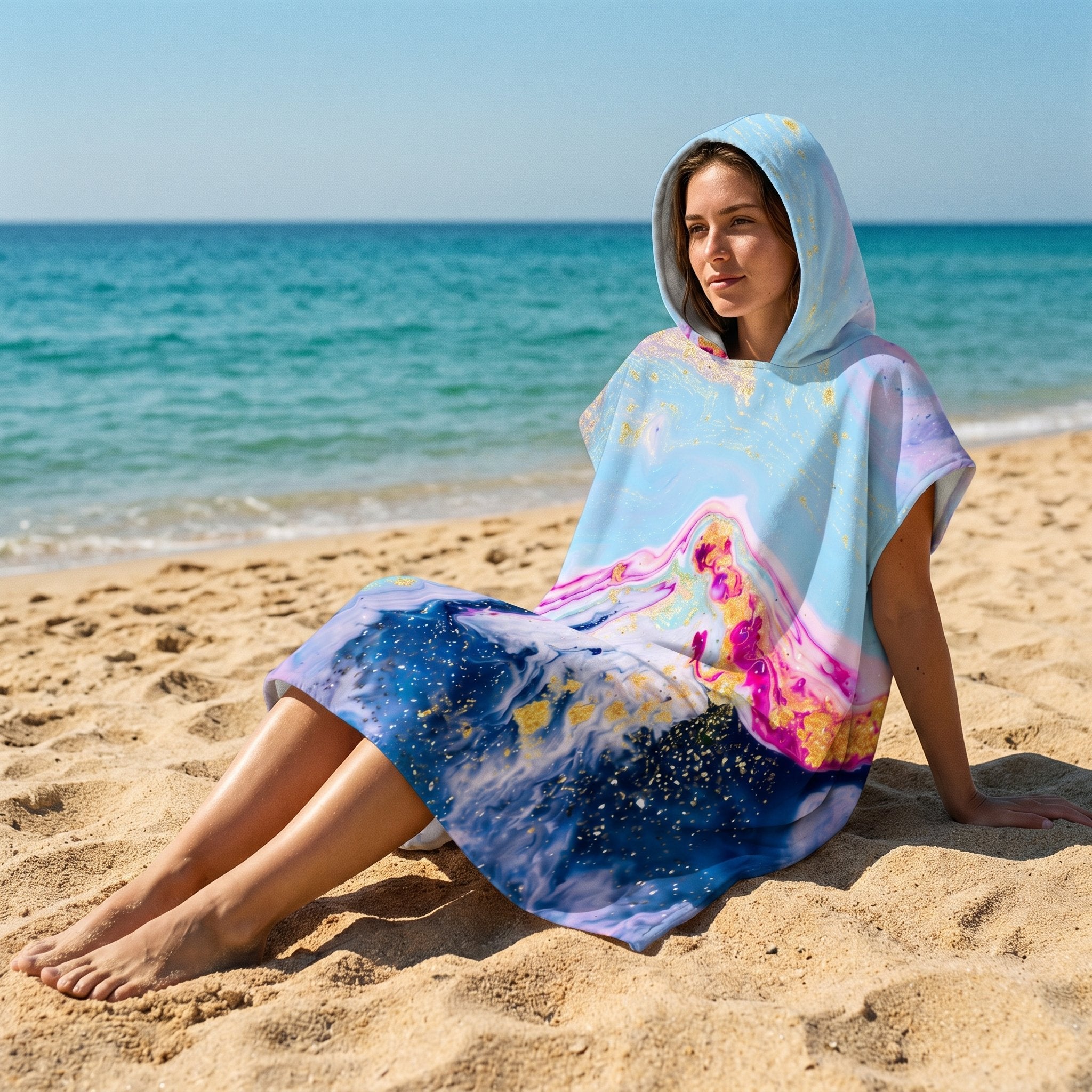Poncho serviette a capuche motif marbre montagne rose, porte par une femme assise sur le sable fin.