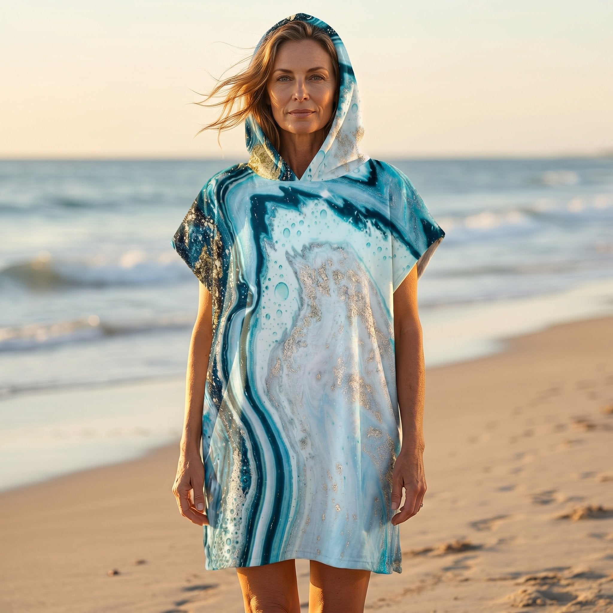 Poncho serviette à capuche motif marbre turquoise doré, porté par une femme debout sur le sable face à l'océan.