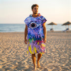 Poncho serviette à capuche motif oiseau peint, porté par un homme marchant seul sur le sable de la plage.