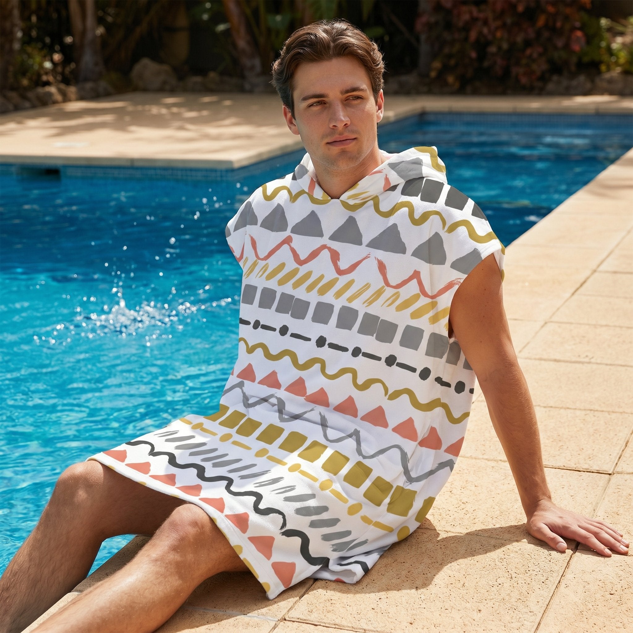 Poncho serviette à capuche motif zigzags graphiques porté par un homme assis au bord d'une piscine, les pieds dans l'eau.