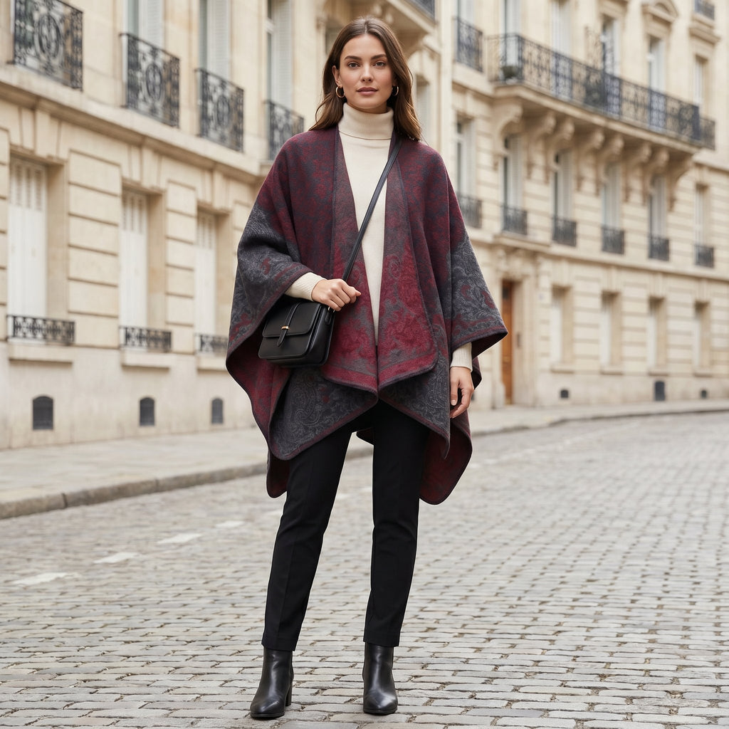 Poncho tricot femme, cape ouverte à motif paisley bordeaux et gris, portée de face par une femme en extérieur