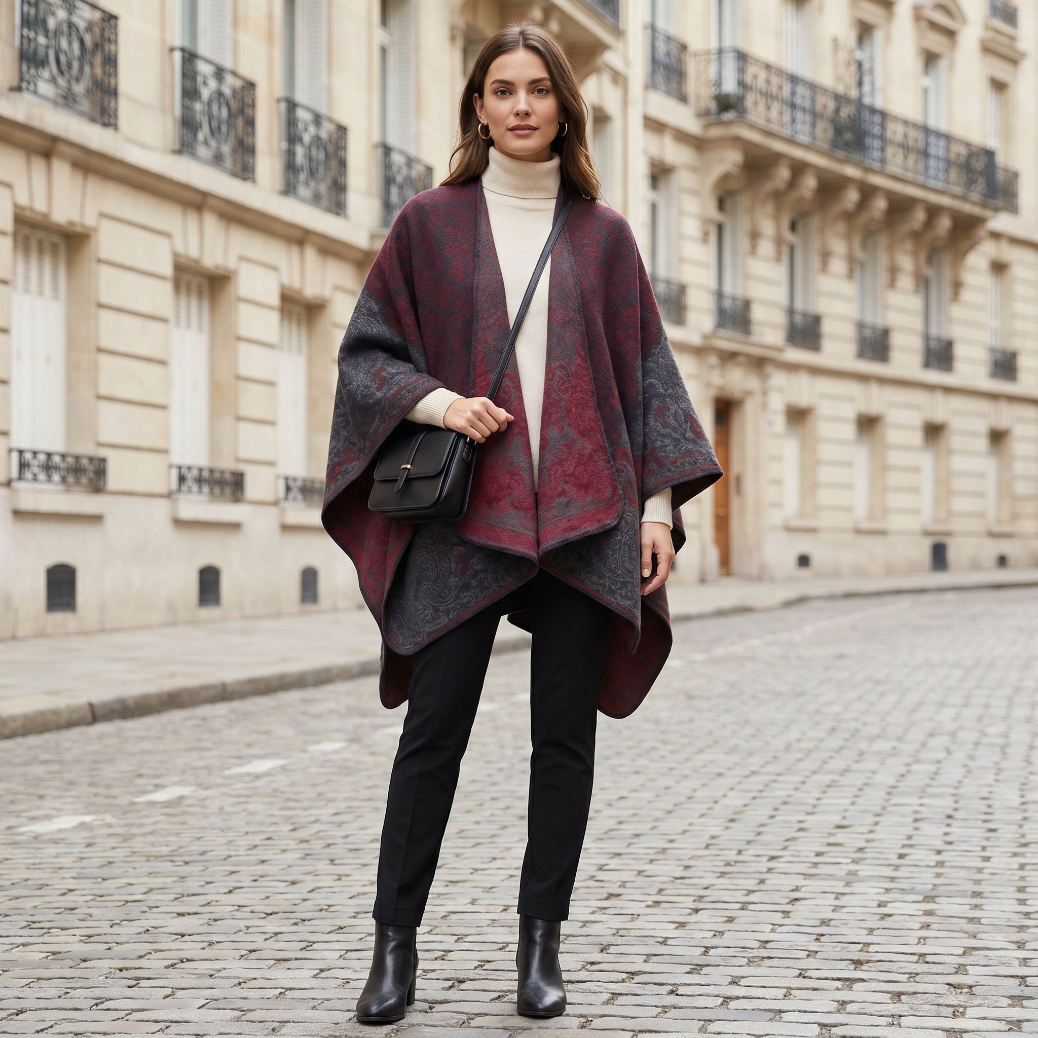 Poncho tricot femme, cape ouverte à motif paisley bordeaux et gris, portée de face par une femme en extérieur