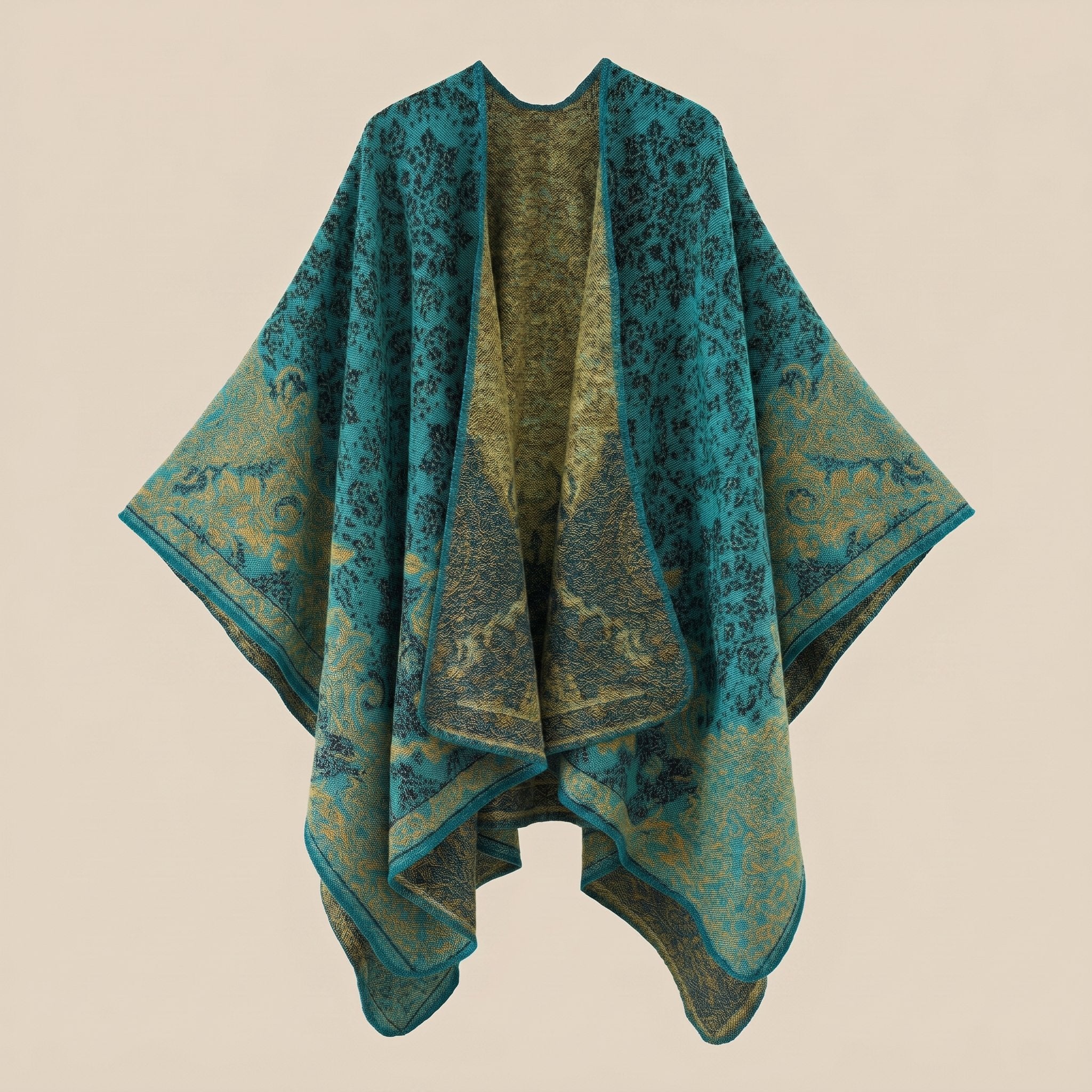Poncho tricot femme, cape ouverte à motif paisley turquoise et or, présentée à plat, motifs bien visibles