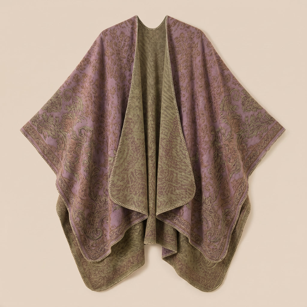 Poncho tricot femme, cape ouverte à motif paisley lilas et kaki, présentée à plat, montrant ses motifs floraux