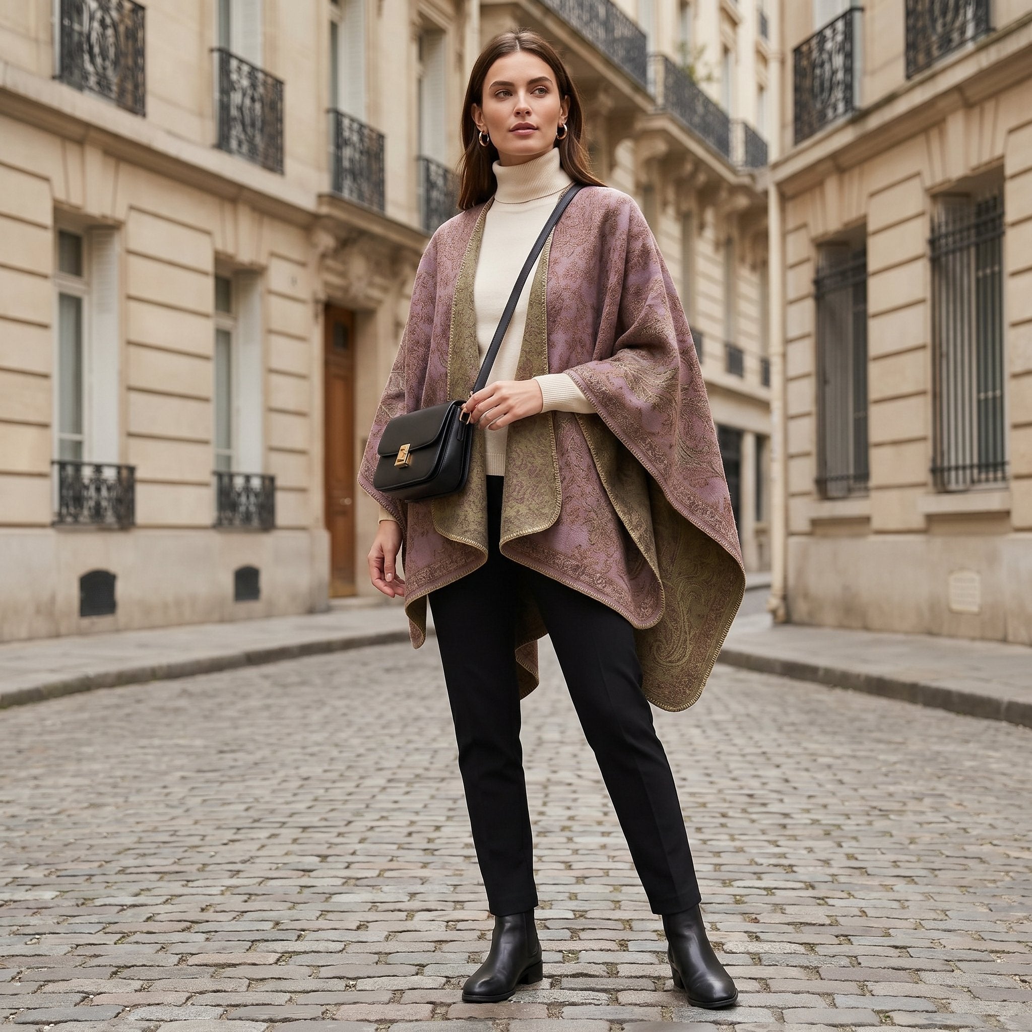Poncho tricot femme, cape ouverte à motif paisley lilas et kaki, portée de face par une femme posant en ville