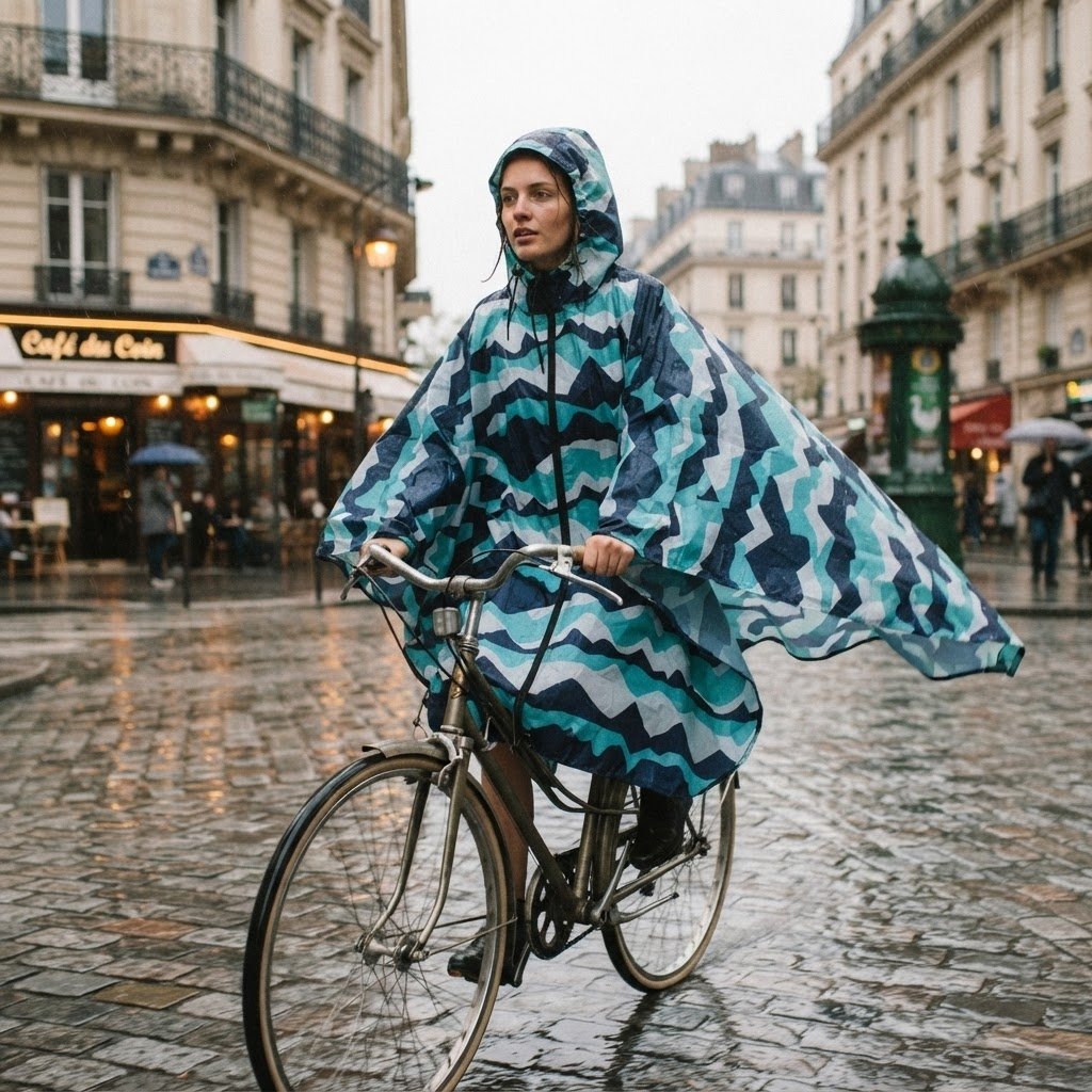 Poncho vélo à chevrons menthe, porté par une femme à vélo sous la pluie, vue de profil.