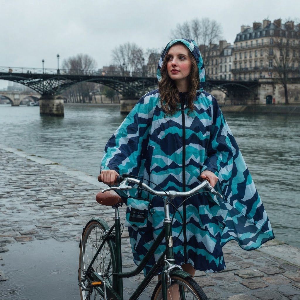Poncho vélo à chevrons menthe, porté par une femme marchant à côté de son vélo au bord d'une rivière.