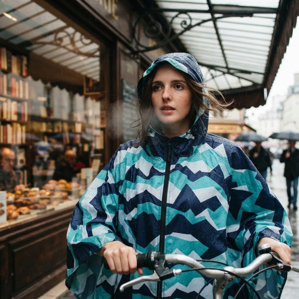 Poncho vélo à chevrons menthe, porté par une femme en gros plan, poussant son vélo devant une vitrine.