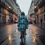 Poncho vélo à chevrons menthe, porté par une femme à vélo, vue de dos, s'éloignant sur une rue mouillée.