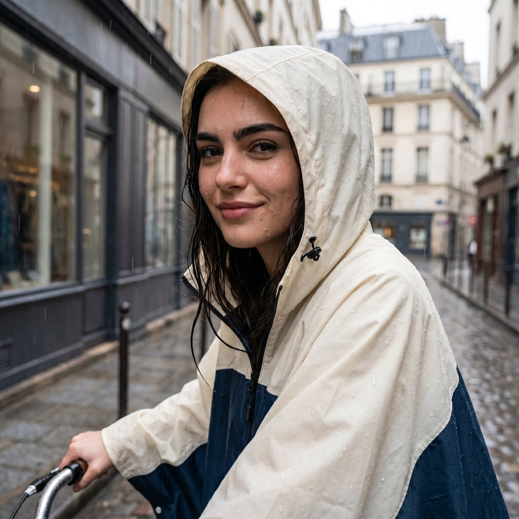 Poncho vélo crème et marine porté par une femme souriante, en gros plan, sous la pluie.