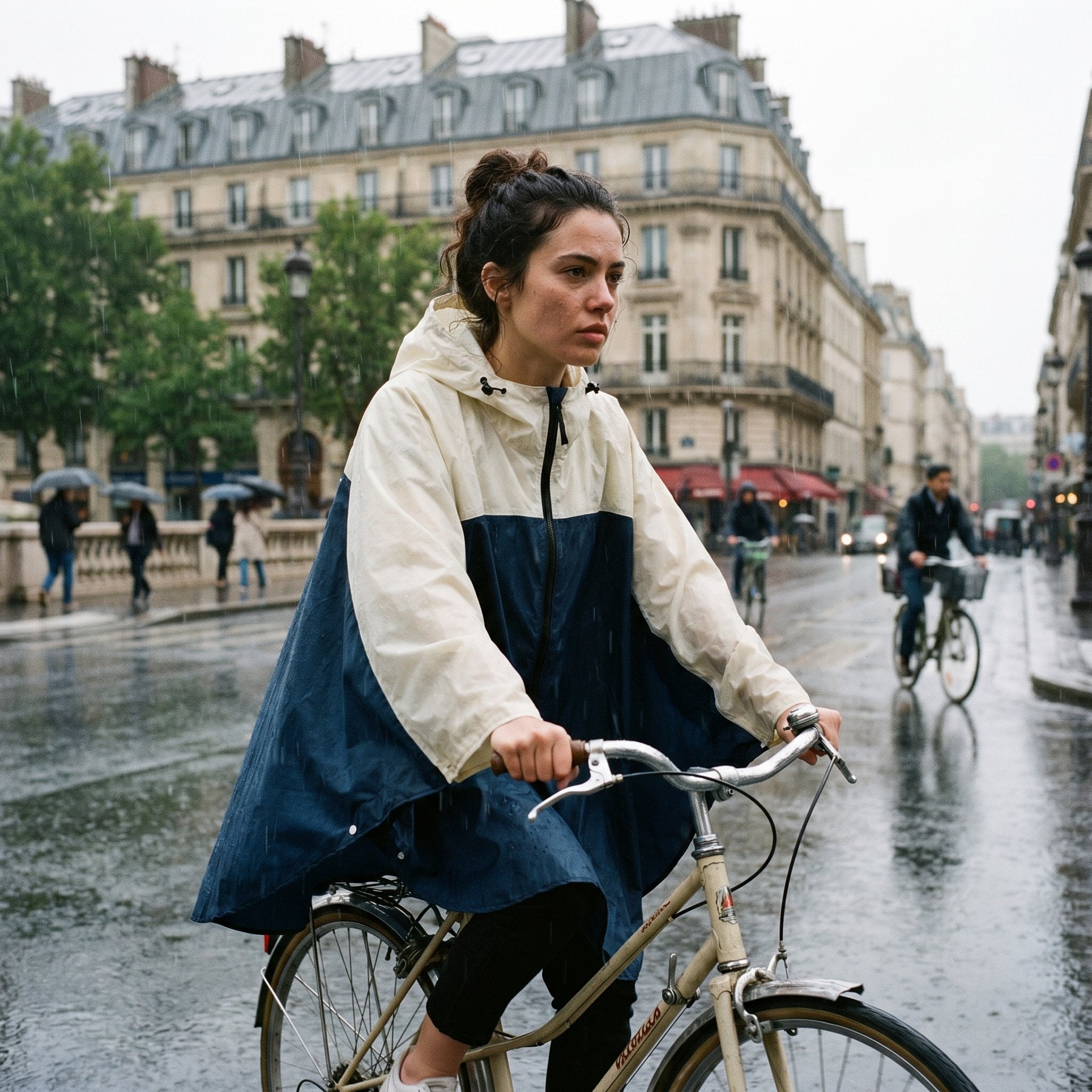 Poncho vélo crème et marine porté par une femme à vélo, vue de face, roulant dans une rue mouillée.