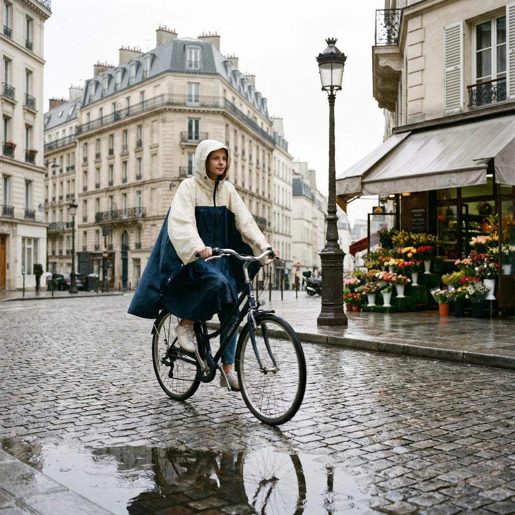 Poncho vélo crème et marine porté par une cycliste en plan large, roulant sur une rue pavée et humide.