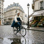 Poncho vélo crème et marine porté par une cycliste en plan large, roulant sur une rue pavée et humide.