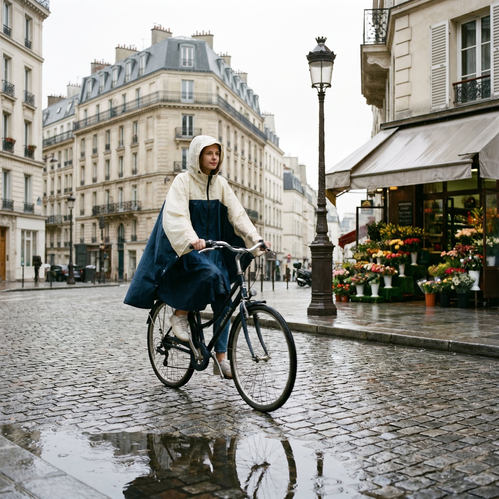 Poncho vélo crème et marine porté par une cycliste en plan large, roulant sur une rue pavée et humide.