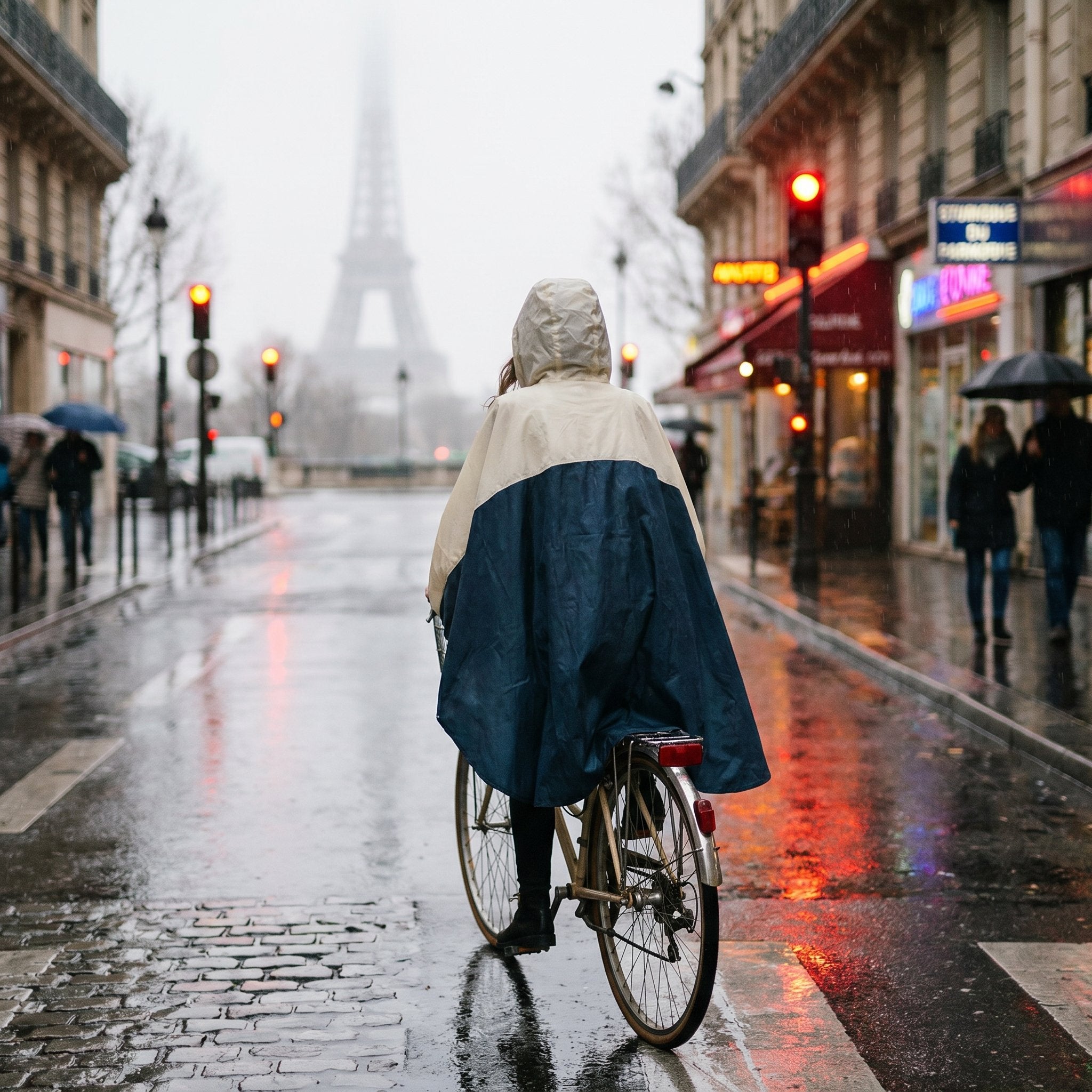 Poncho vélo crème et marine porté par une cycliste vue de dos, roulant sur une chaussée mouillée.