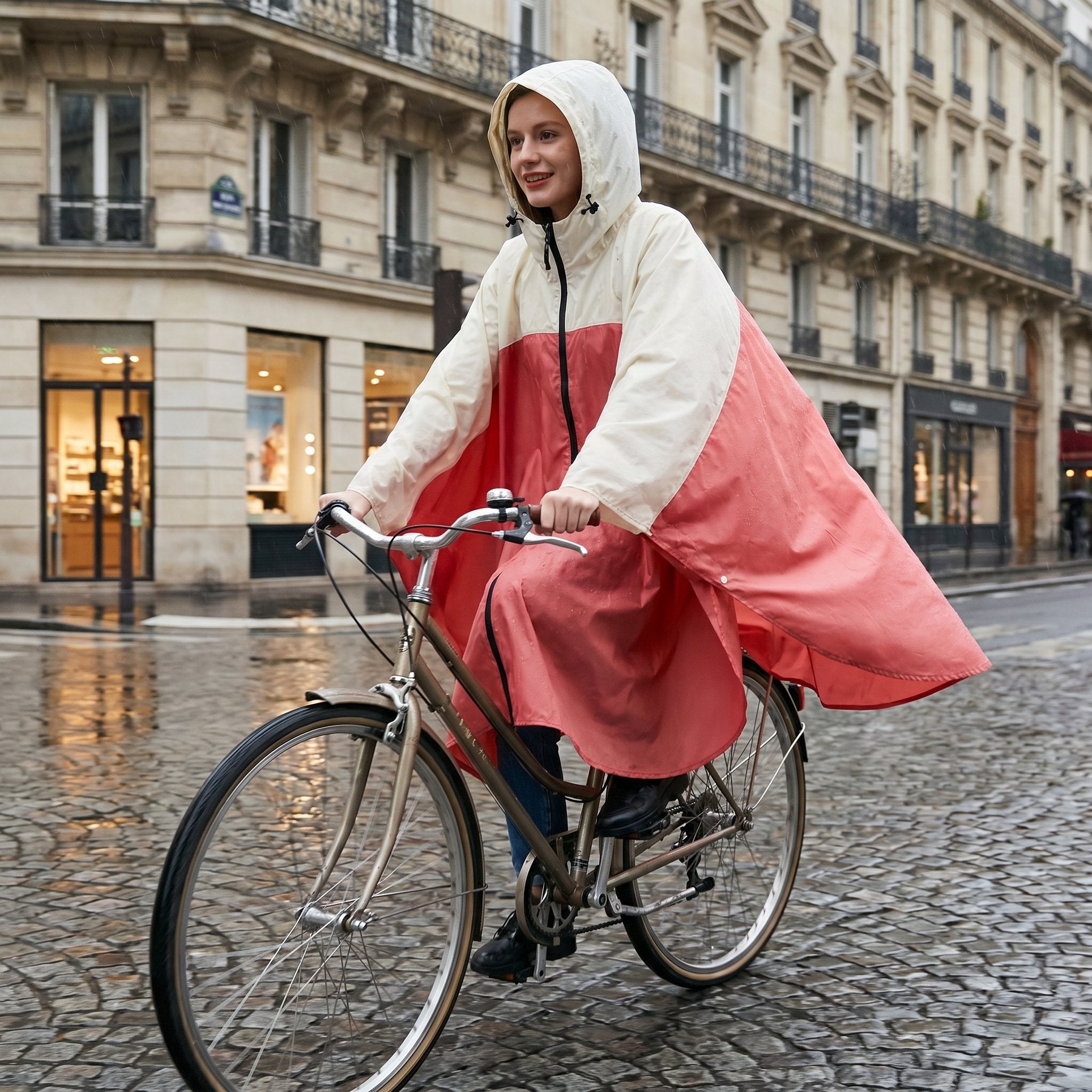 Poncho vélo crème et rose, porté par une femme souriante à vélo dans une rue pavée.