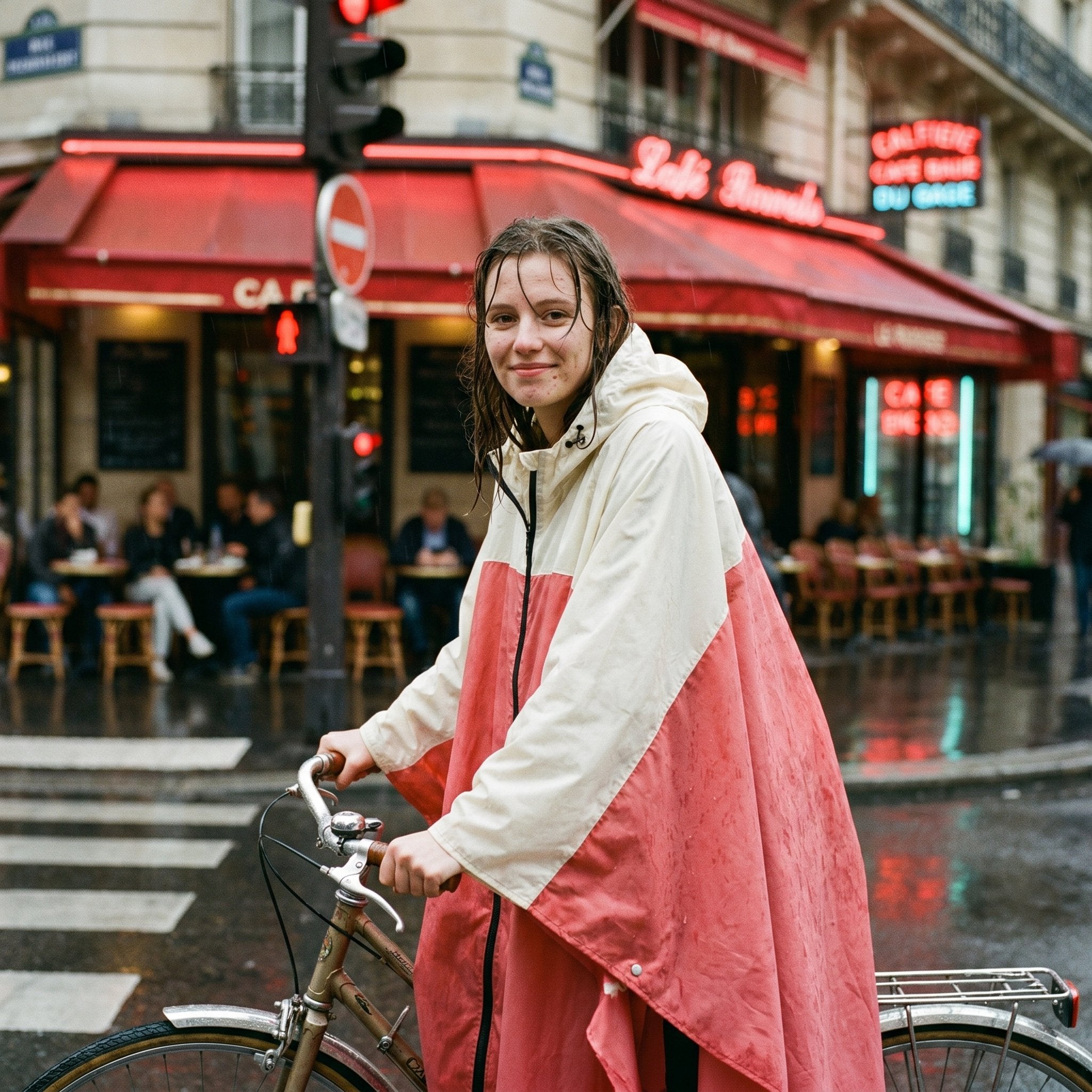 Poncho vélo crème et rose, porté par une femme debout à côté de son vélo devant un café.