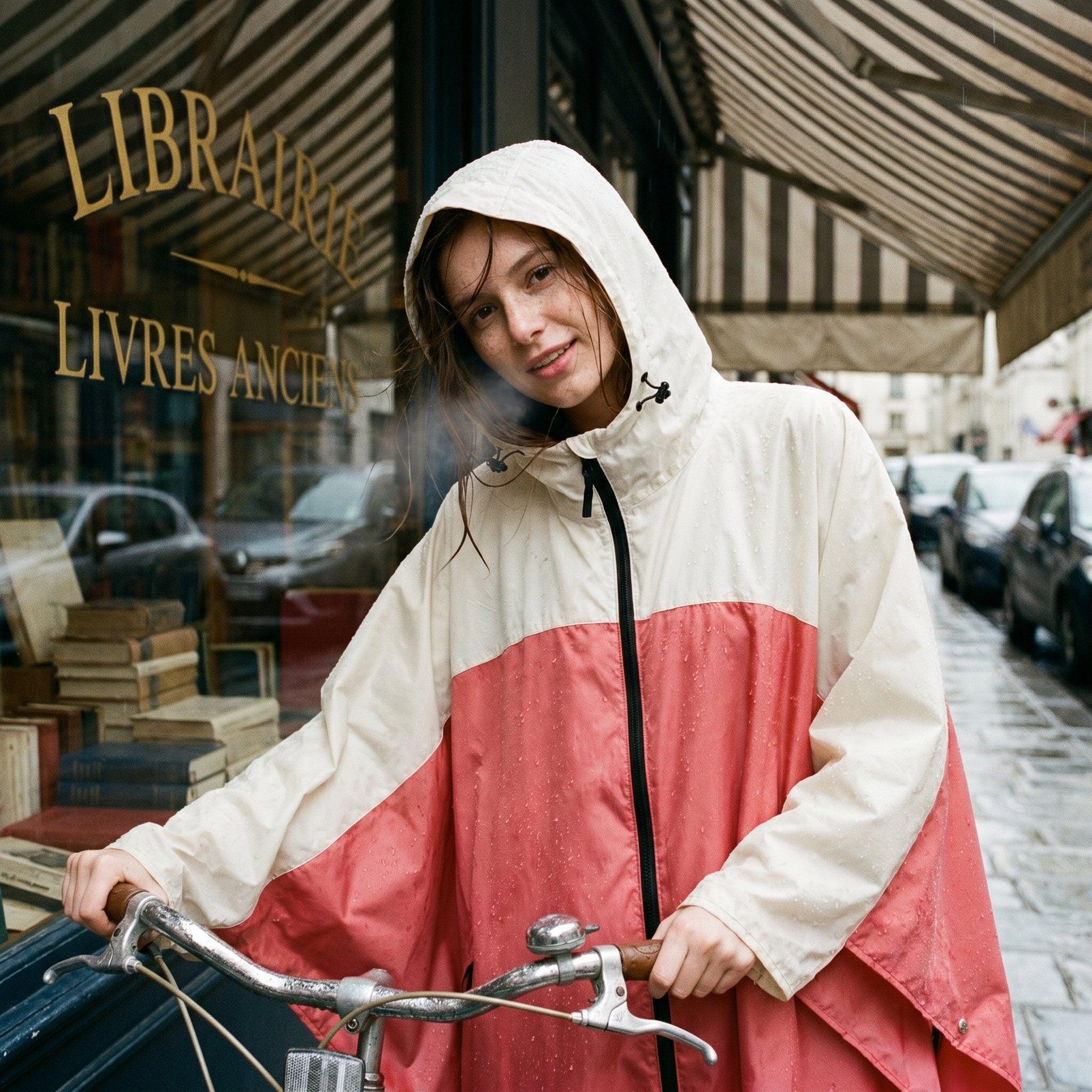 Poncho vélo crème et rose, porté par une femme souriante avec son vélo devant une librairie.