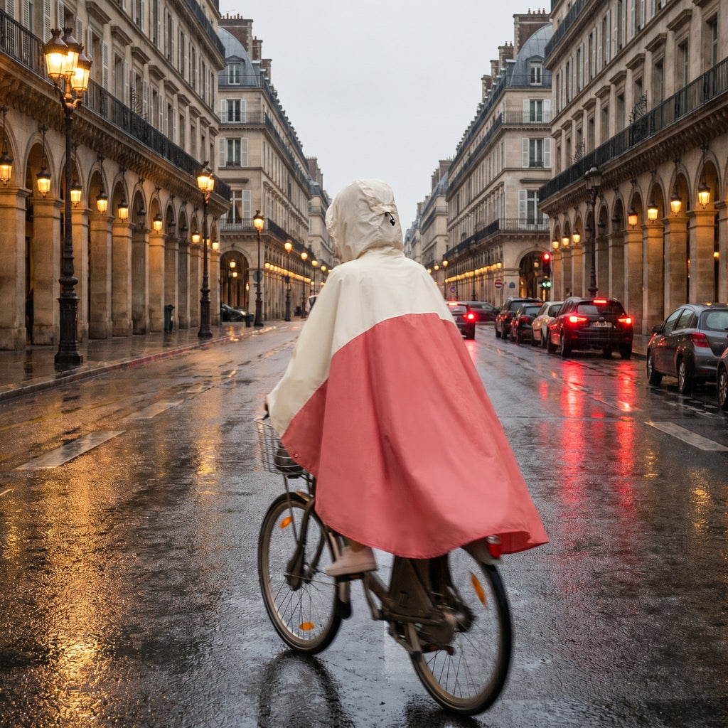Poncho vélo crème et rose, porté par une femme à vélo, vue de dos, sur une rue mouillée.