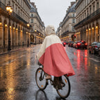 Poncho vélo crème et rose, porté par une femme à vélo, vue de dos, sur une rue mouillée.
